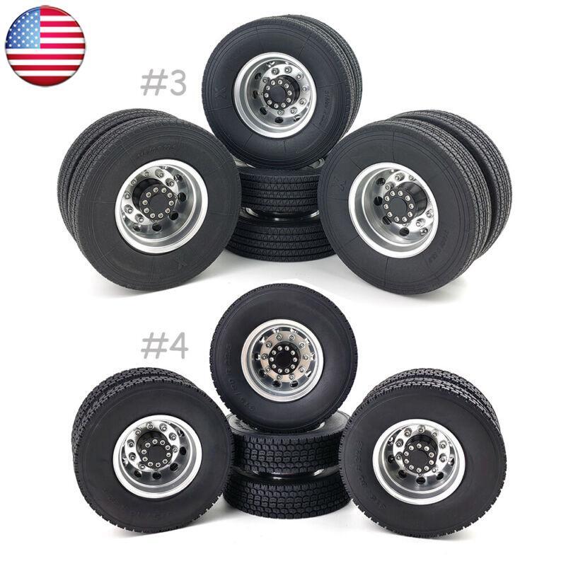4X CNC Metal Alloy Front/Rear Wheel Hub Rim & Tires For 1/14 Tamiya RC Truck Car