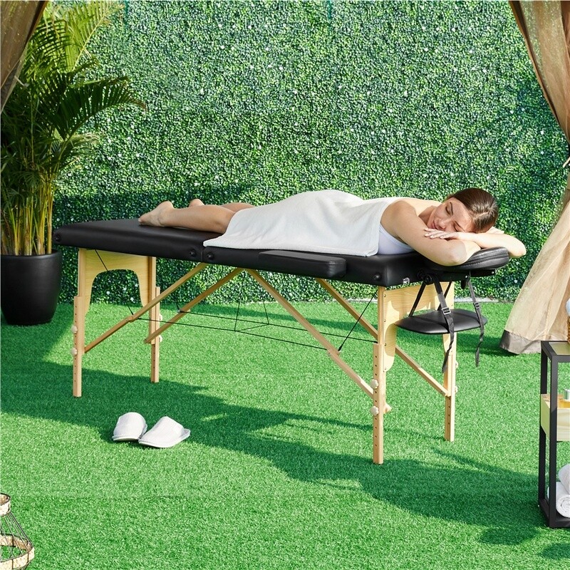 Portable Adjustable Wooden Massage Table Foldable Spa Bed Therapy Couch Black