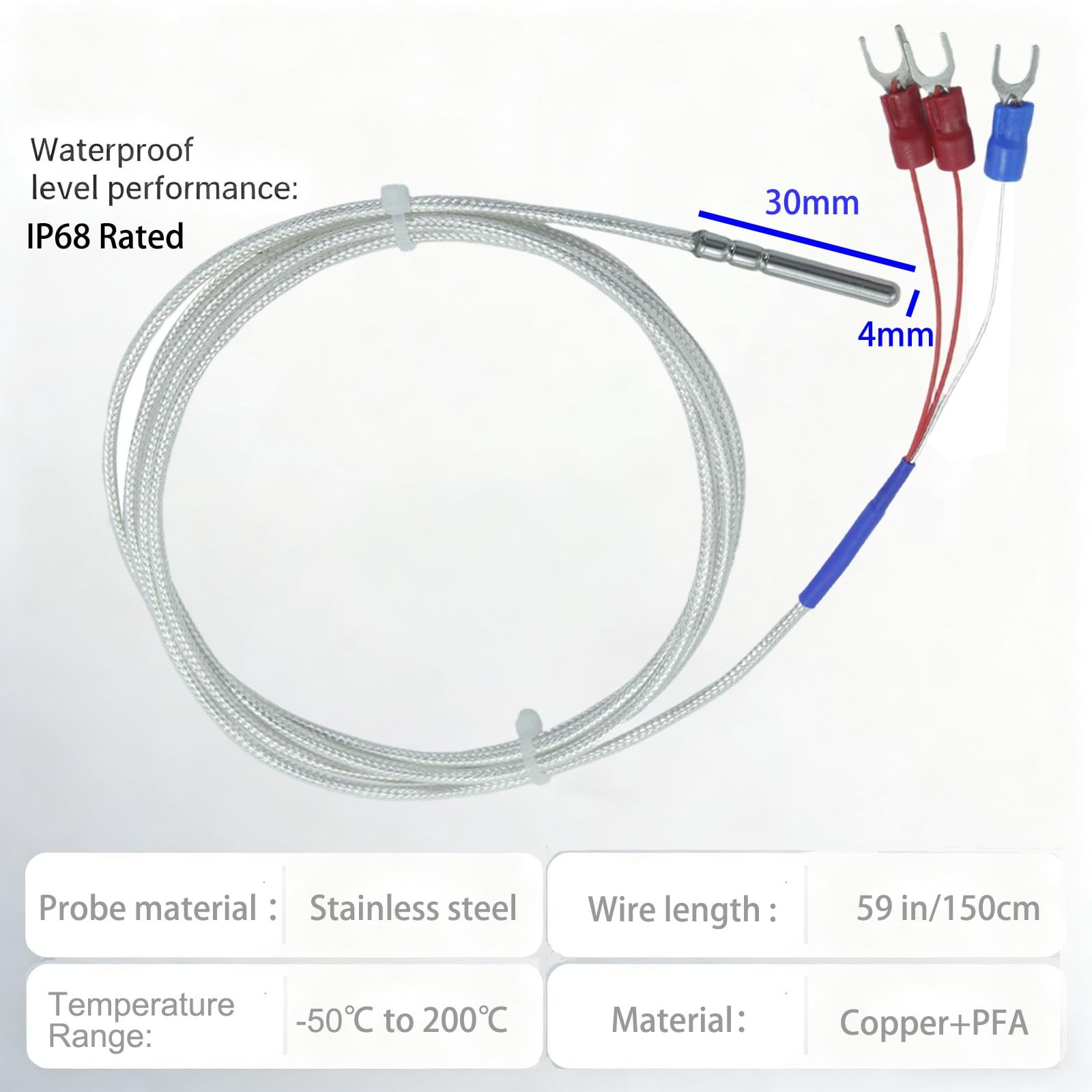 RTD PT100 Temperature Sensor Three-Wire System，Stainless Steel Probe(0.16" x...