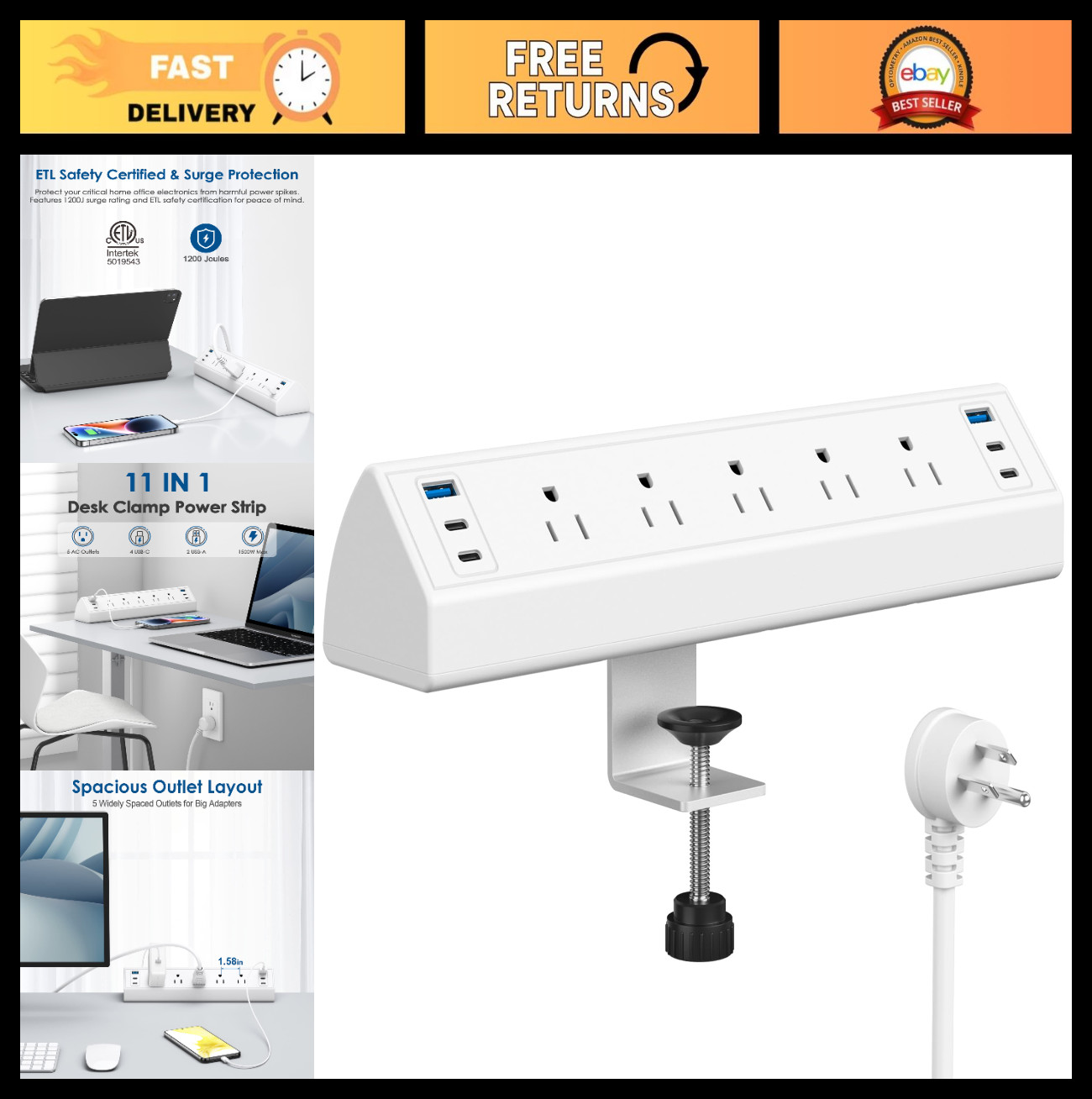 Power Strip USB C Desk Clamp Surge Protector 5 Outlets 6 USB 6FT Cord - Office G