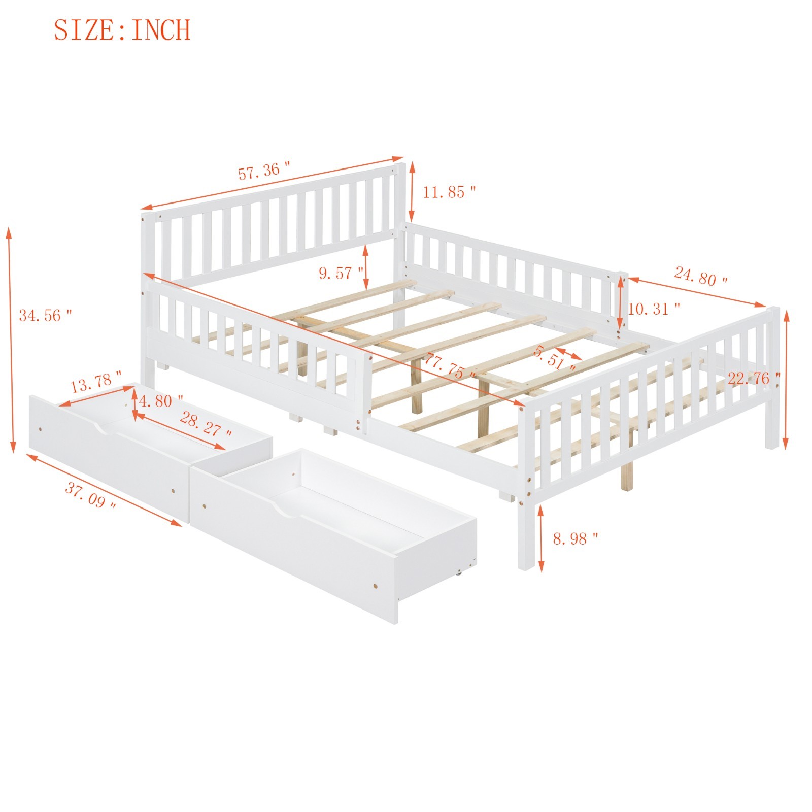 Full Size Wood Platform Bed (Dual-Side Guardrails, 2 Storage Drawers)