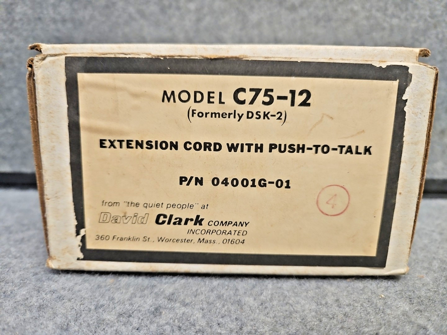 David Clark EXTENSION CORD W/ PUSH-TO-TALK Model C75-12 Formerly DSK-2 04001G-01