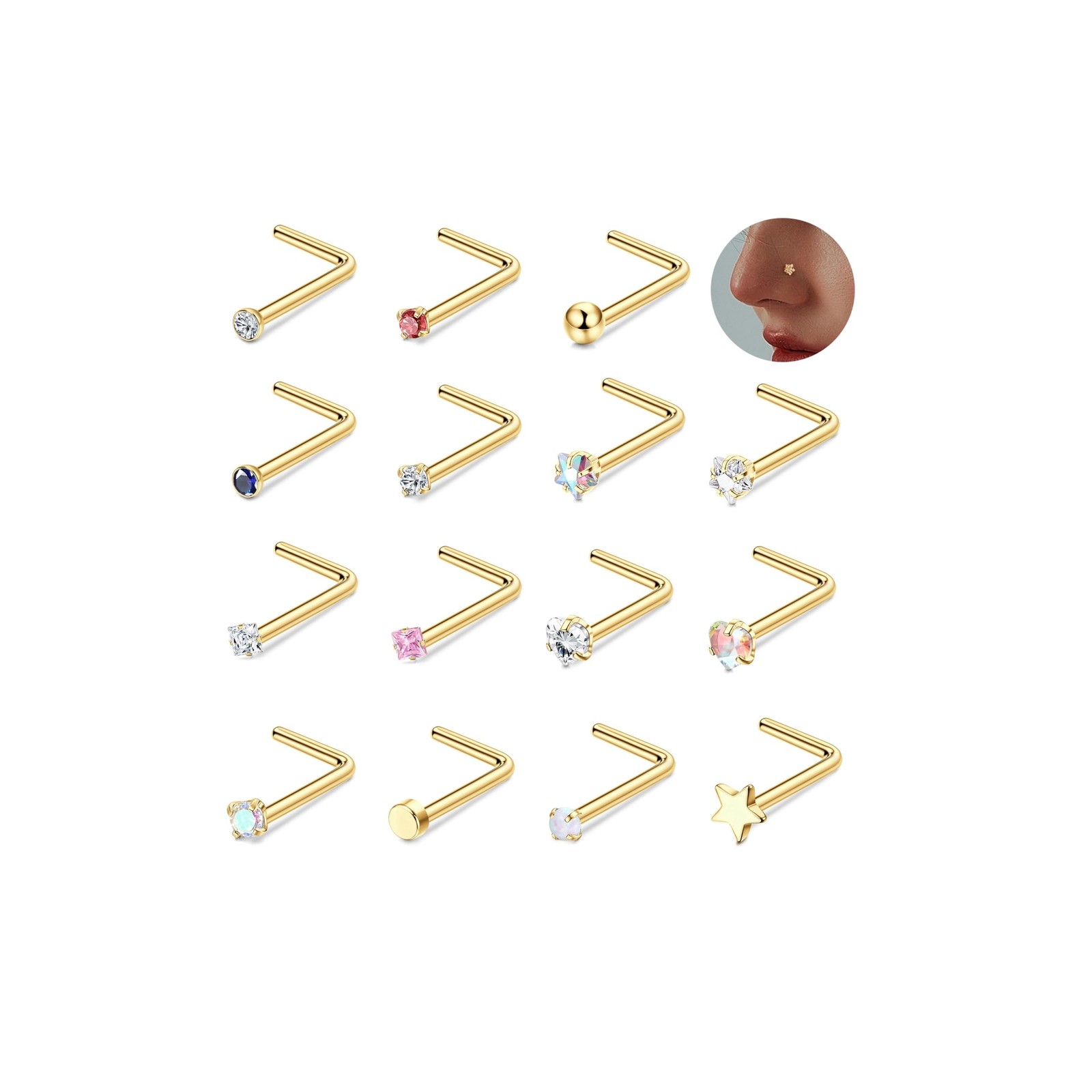 15Pcs 20G Nose Rings Surgical Steel Nose Studs 18G L Shaped Nose Stud Gold No...