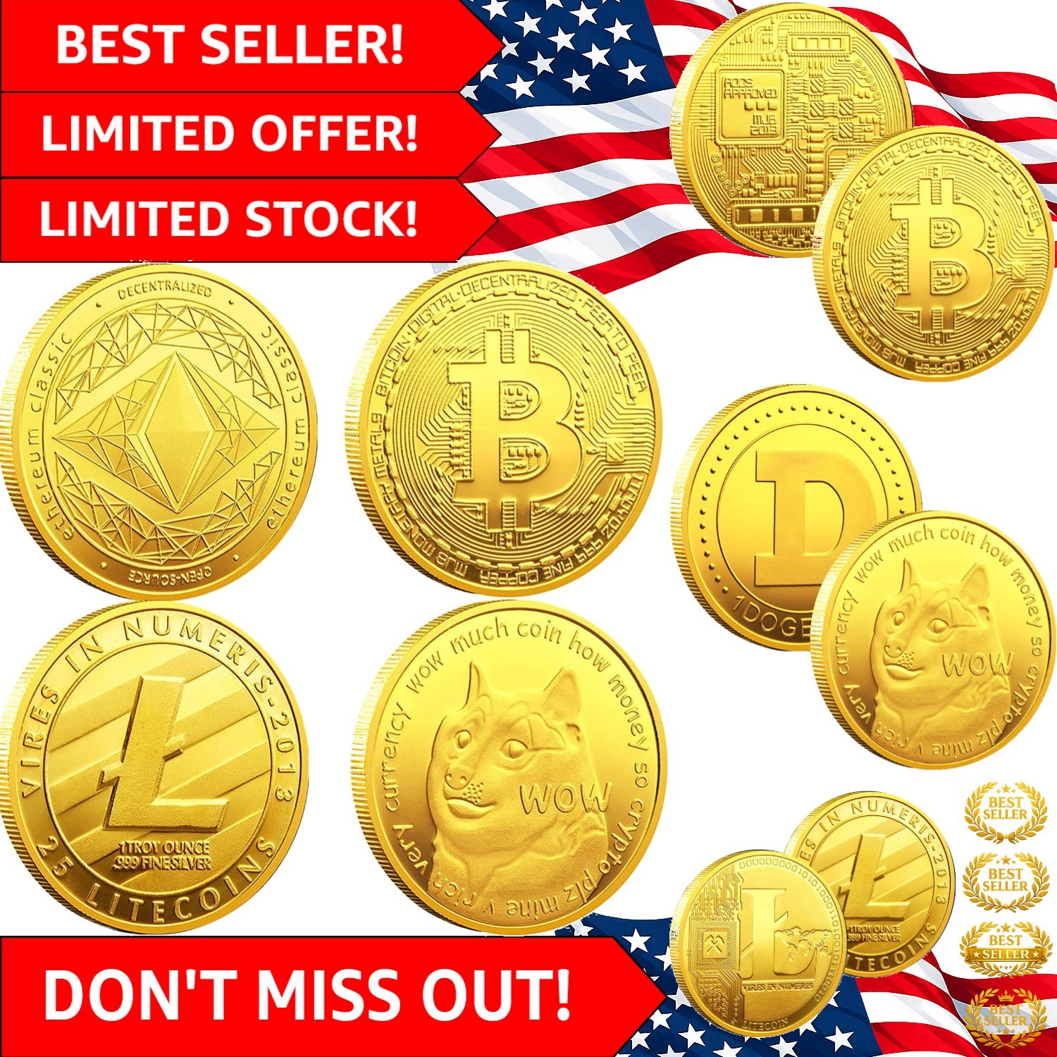Luxury Collectible Coins: Bitcoin, ETH, LTC, Doge with Protective Display Case