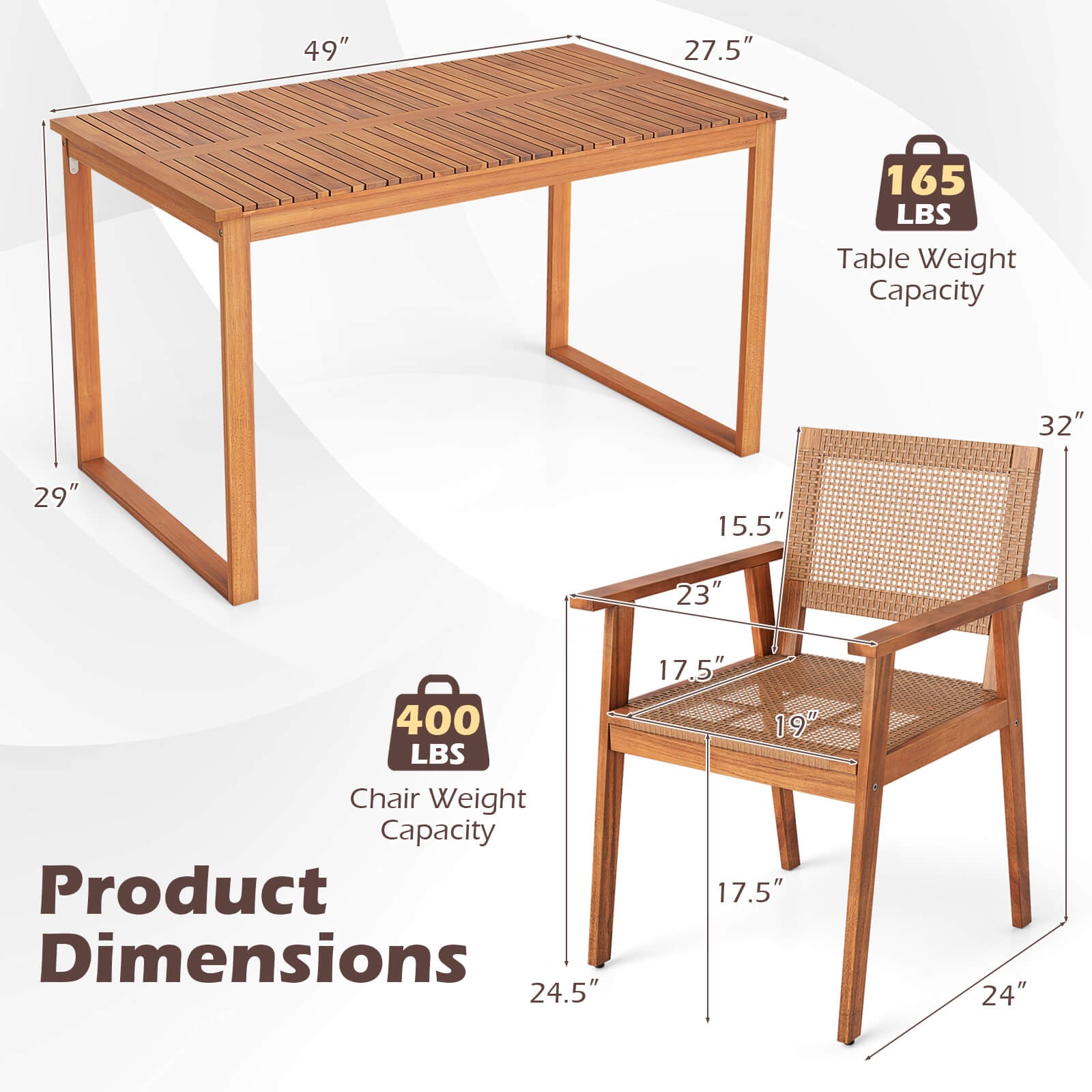 5PCS Acacia Wood Dining Set, Outdoor Table & Rattan Chairs for Balcony, Poolside