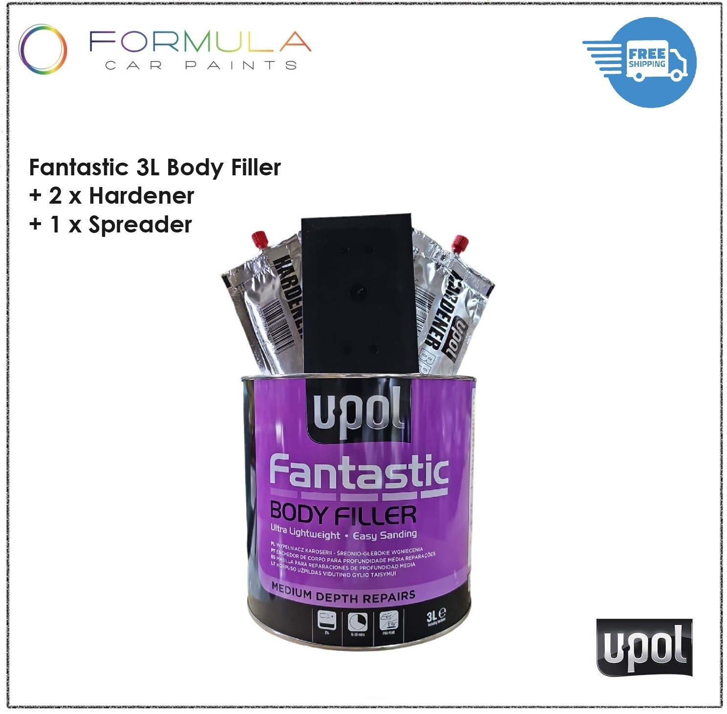 UPOL FANTASTIC CAR BODY FILLER 3LTR -  WITH 2 x HARDENER + SPREADER