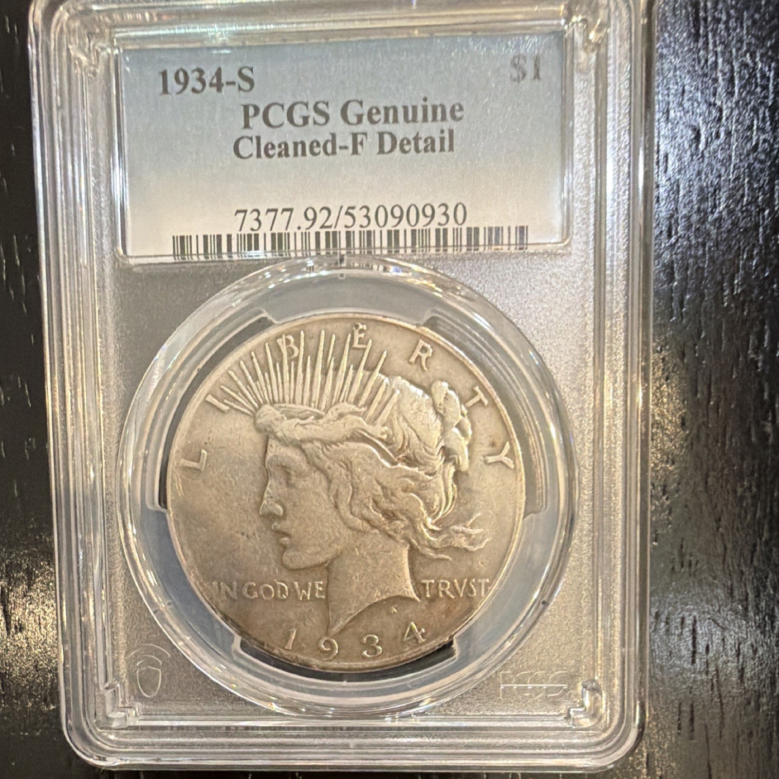 1934-S Peace Dollar San Francisco PCGS Genuine Cleaned-F Detail Silver $1 KM#150
