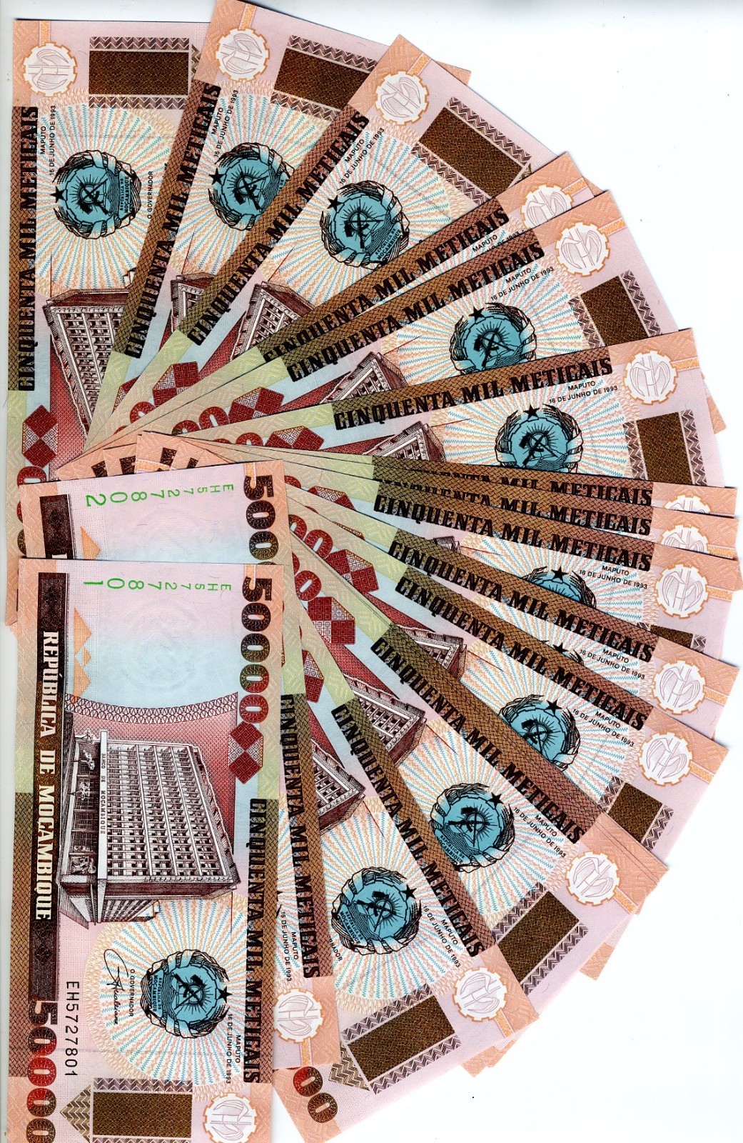 LOT Mozambique,  20 x 50000 (50,000) meticais, 1993, P-138, UNC