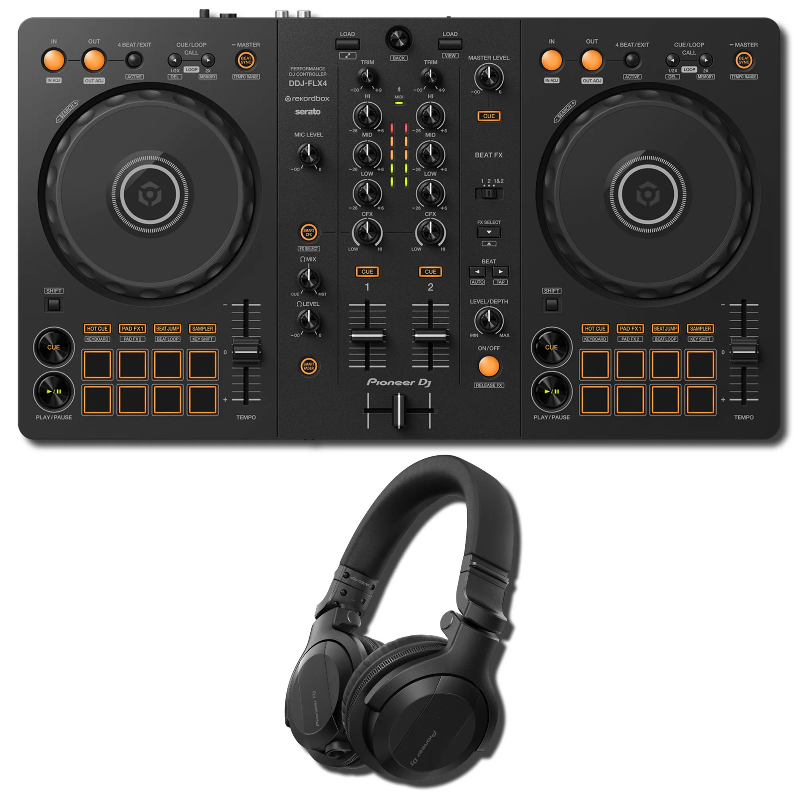 Pioneer DJ DDJ-FLX4 2-Channel DJ Controller w/ HDJ-CUE1BT-K Black BT Headphones