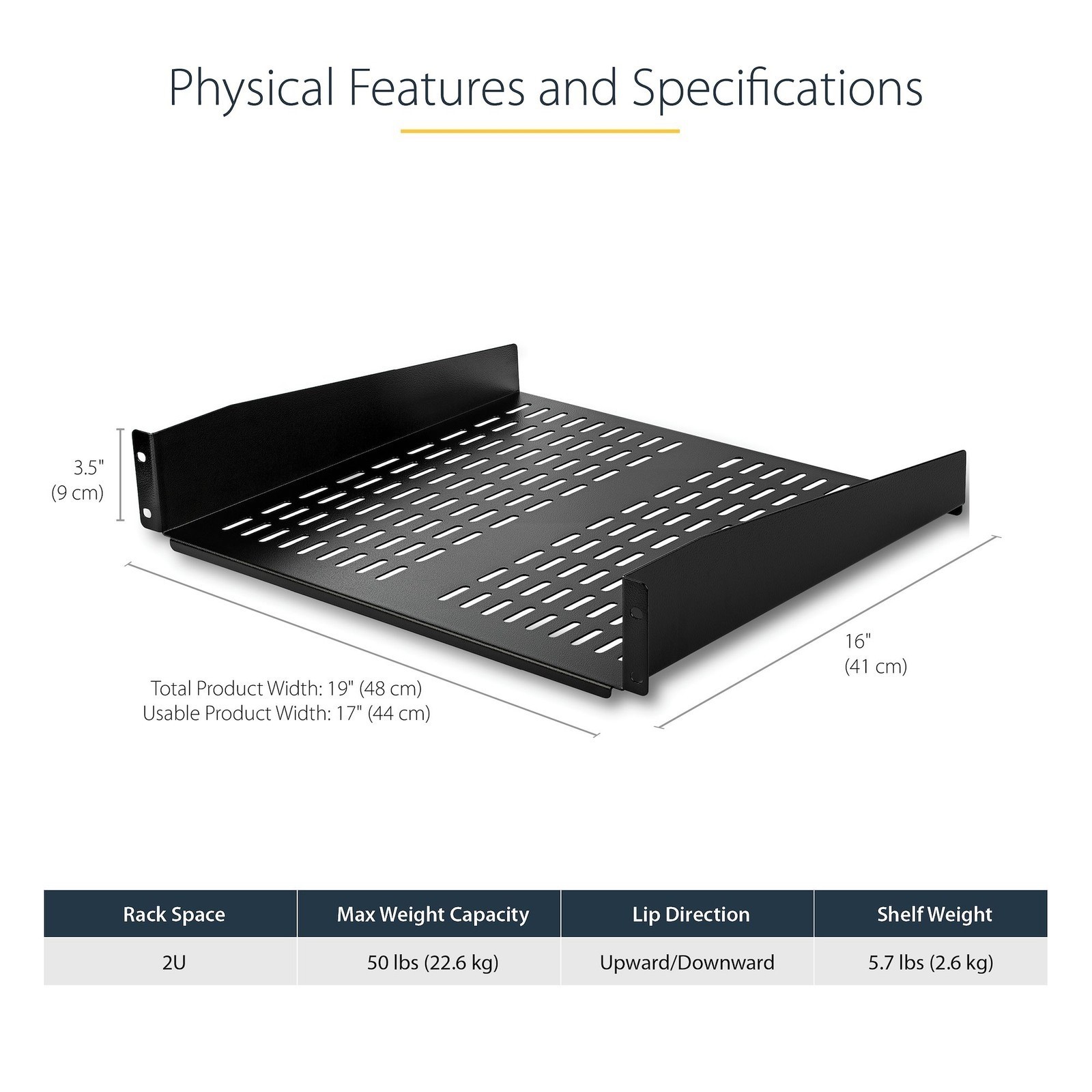 StarTech.com CABSHELFV 2U 16in Vented Fixed Rack Shelf 50lbs Max Capacity