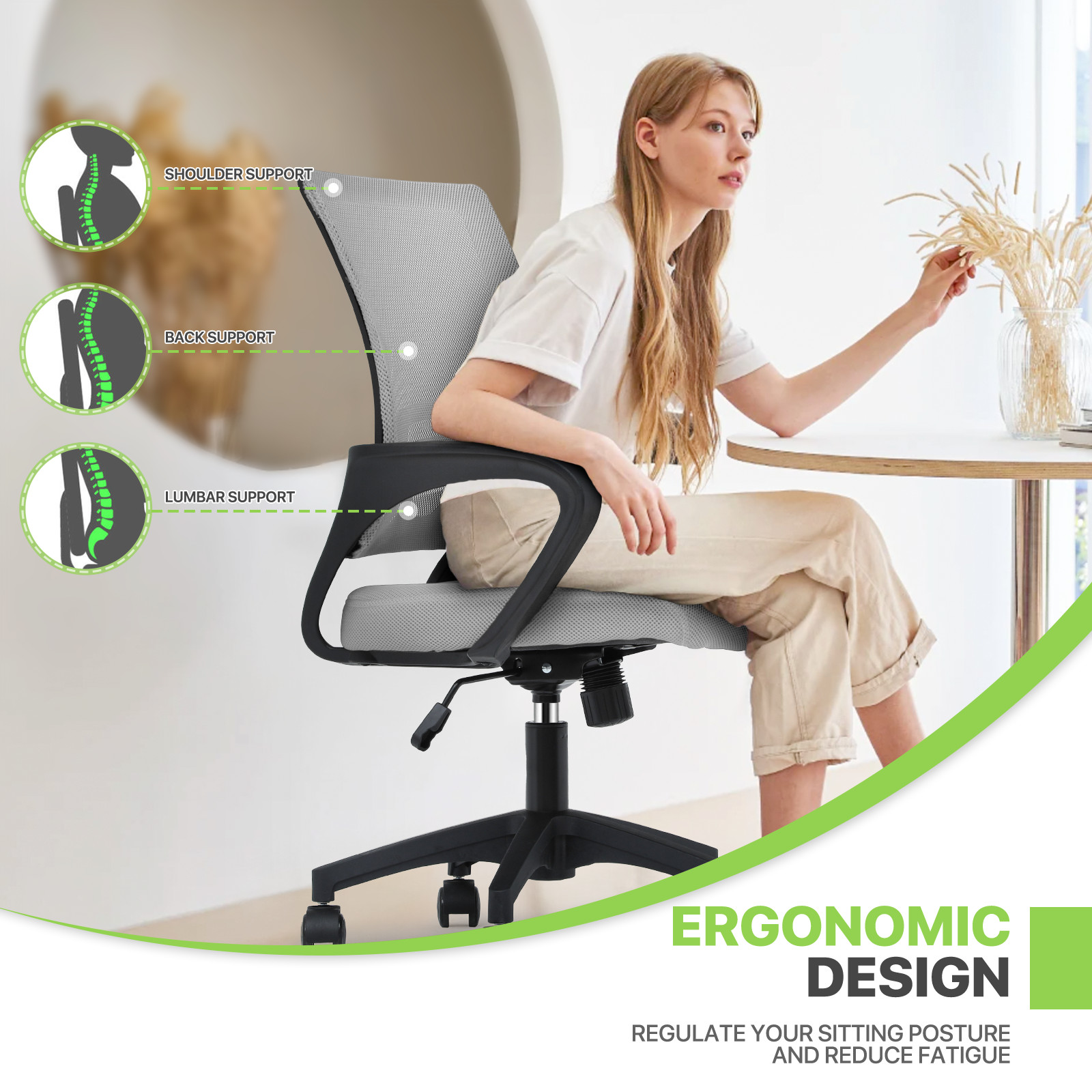 Pair Adjustable Height Computer Home Office Ergonomic Desk Mesh Chair Light Grey