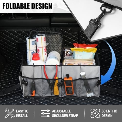 UYYE Auto Collapsible Trunk Organizer, 3 Large Compartments and 6 Pockets Grey