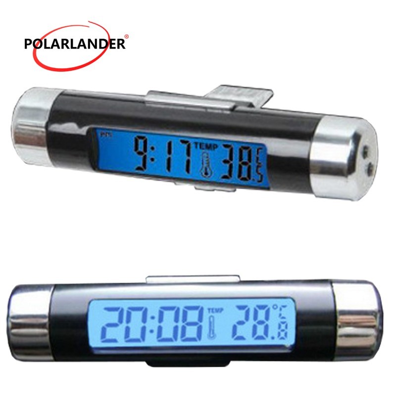Car Auto LCD Automotive Thermometer withClock Clip-on Digital Backlight Mini2in1