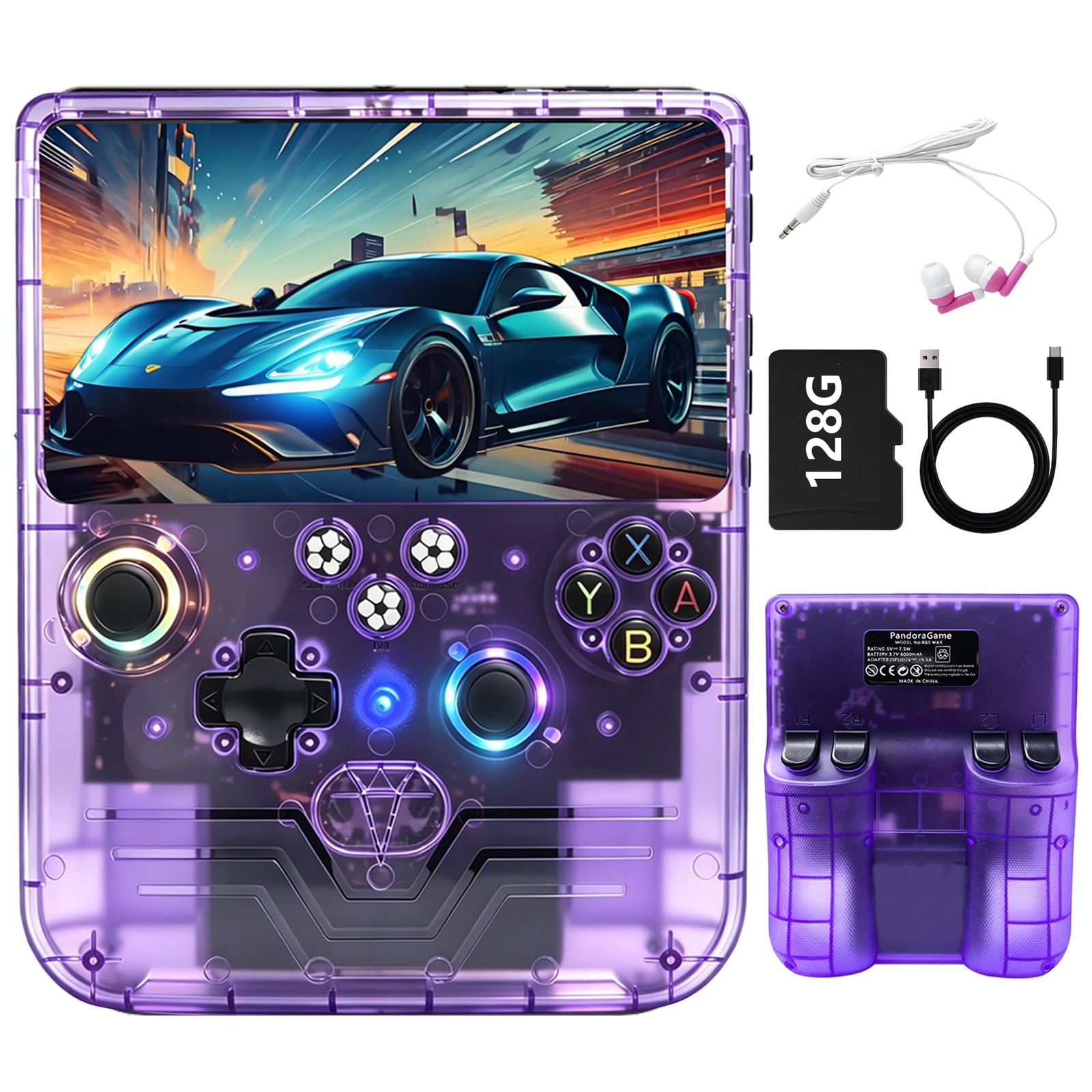 PandoraGame R60MAX Retro Handheld Gaming Console, 6.0-Inch Transparent Purple