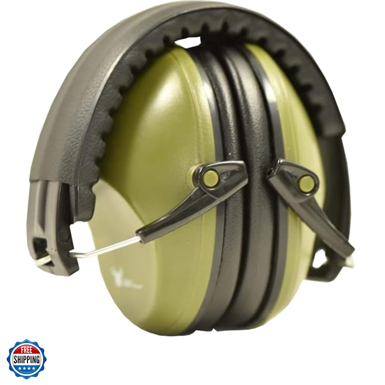 Earmuff hearing protection with low profile passive folding design 26dB NRR a...