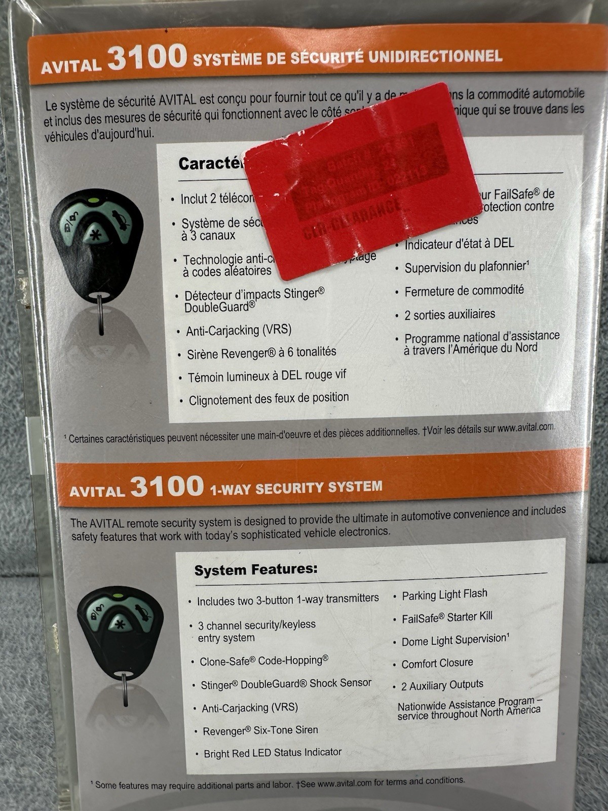 AVITAL 3100 - Universal Car Alarm Security System OPEN BOX Y1