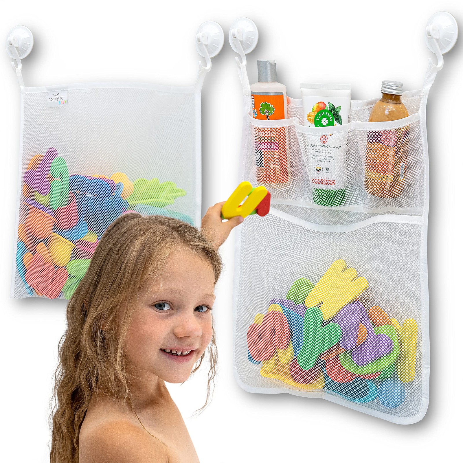 2 x Mesh Bath Toy Organizer + 8 Ultra Strong Hooks – The Set of 2, White x2