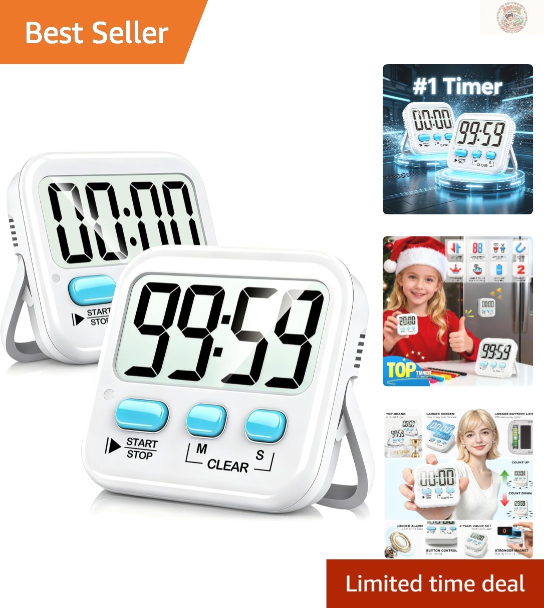 Magnetic Countdown Timers for Cooking & Kids - Loud Alarm, 2 Pack with Batteries