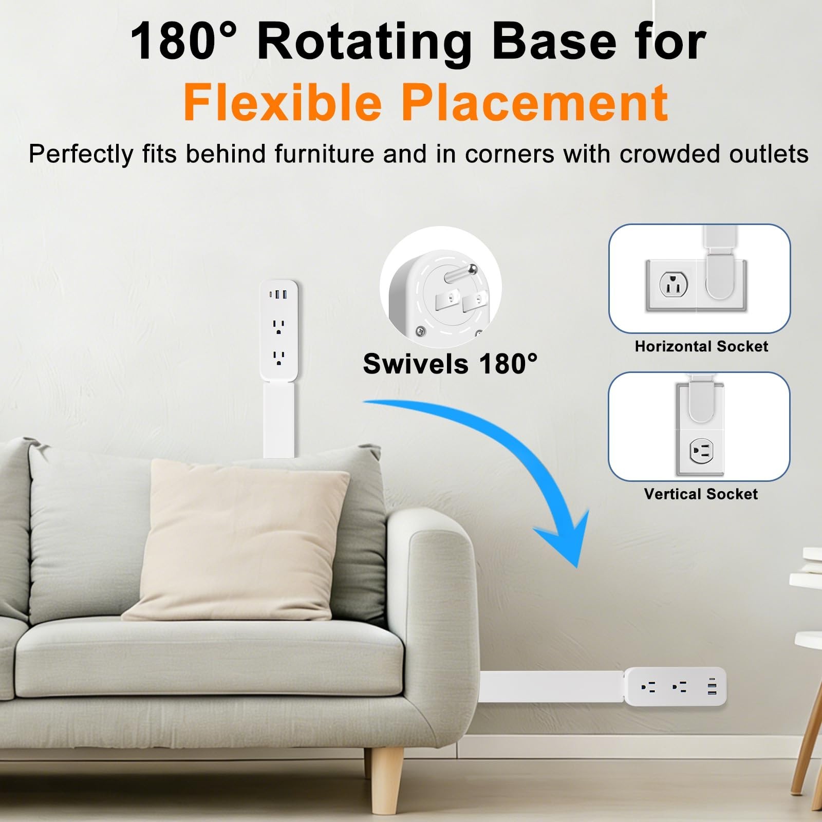 Outlet Extender with USB-A, USB-C & 2 AC Outlets - 180° Rotating Power Socket Ex