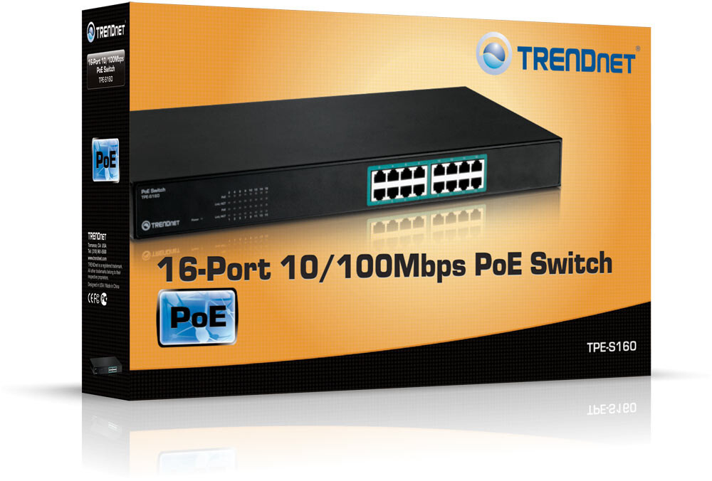 New - TRENDnet TPE-S160 16-Port 10/100 Mbps PoE Fast Ethernet Switch - OPEN BOX