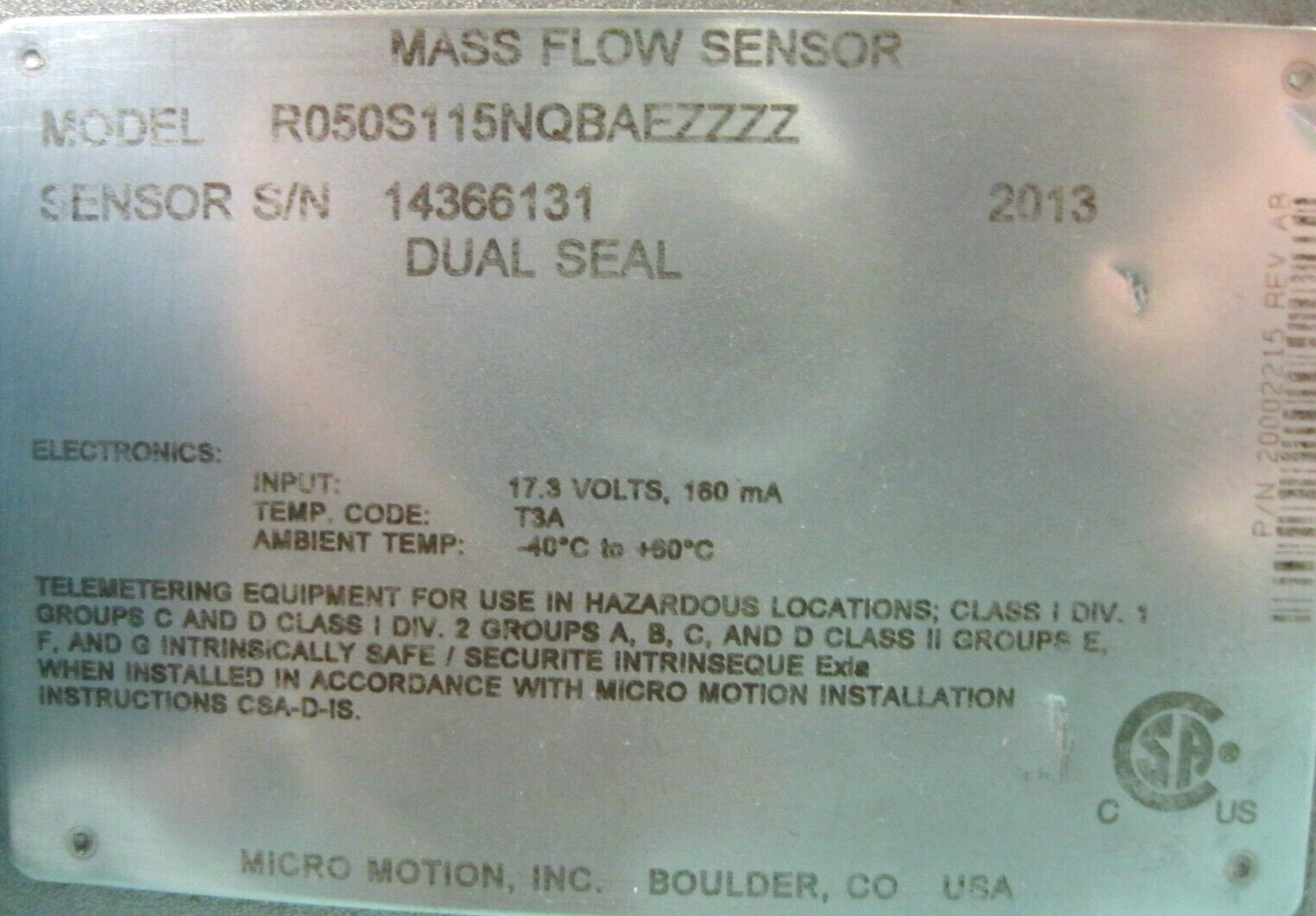 1/2" 600# Micro Motion R050 Mass Flow Sensor Mfg 2013 w/ 700 Core Processor A8