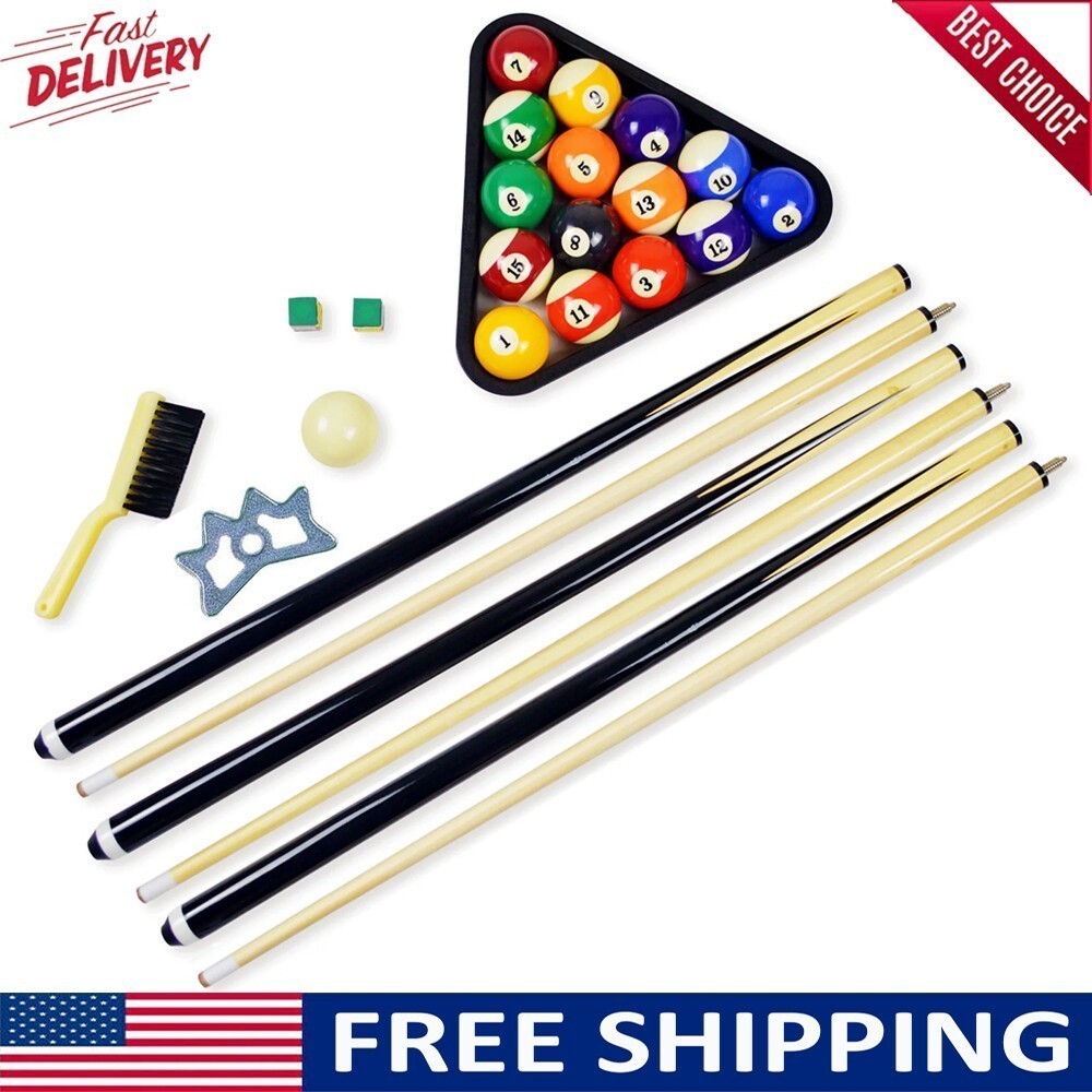 Pool Table Billiard Accessory Kit W/ 57-in Cues Ball Racking Triangle Rail Brush