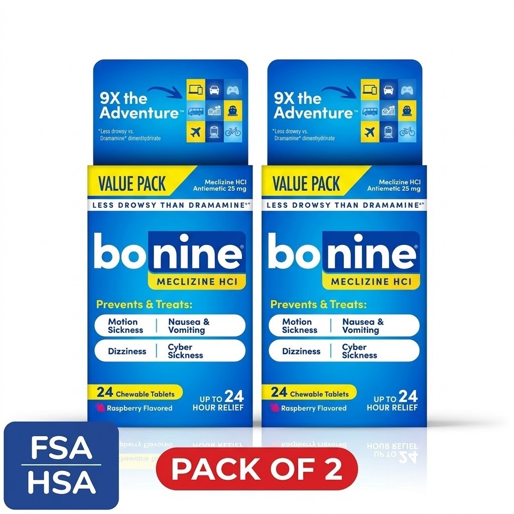 Bonine Motion Sickness Relief, Raspberry Chewable 24 Count (Pack of 2)