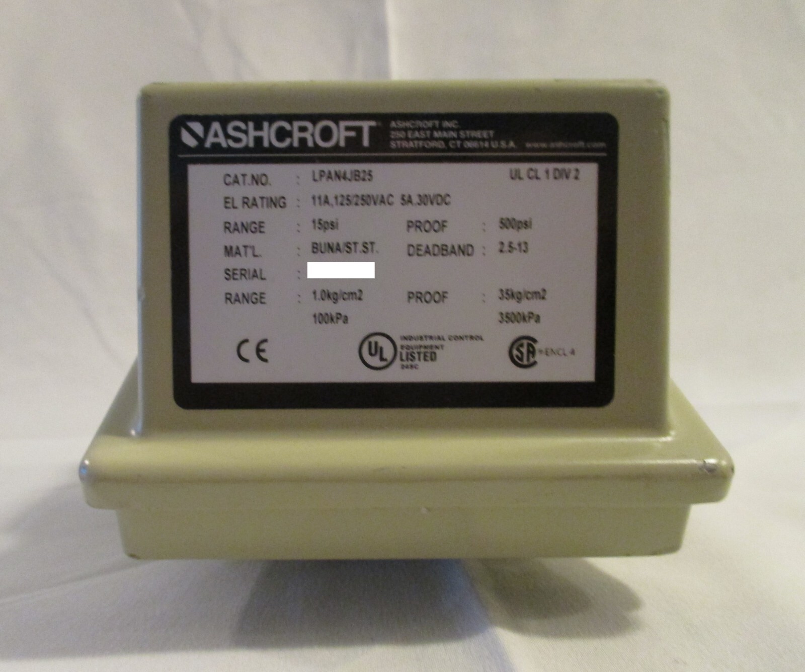 Ashcroft LPAN4JB25 Pressure Switch, 11A, 125/250VAC, 60 PSI