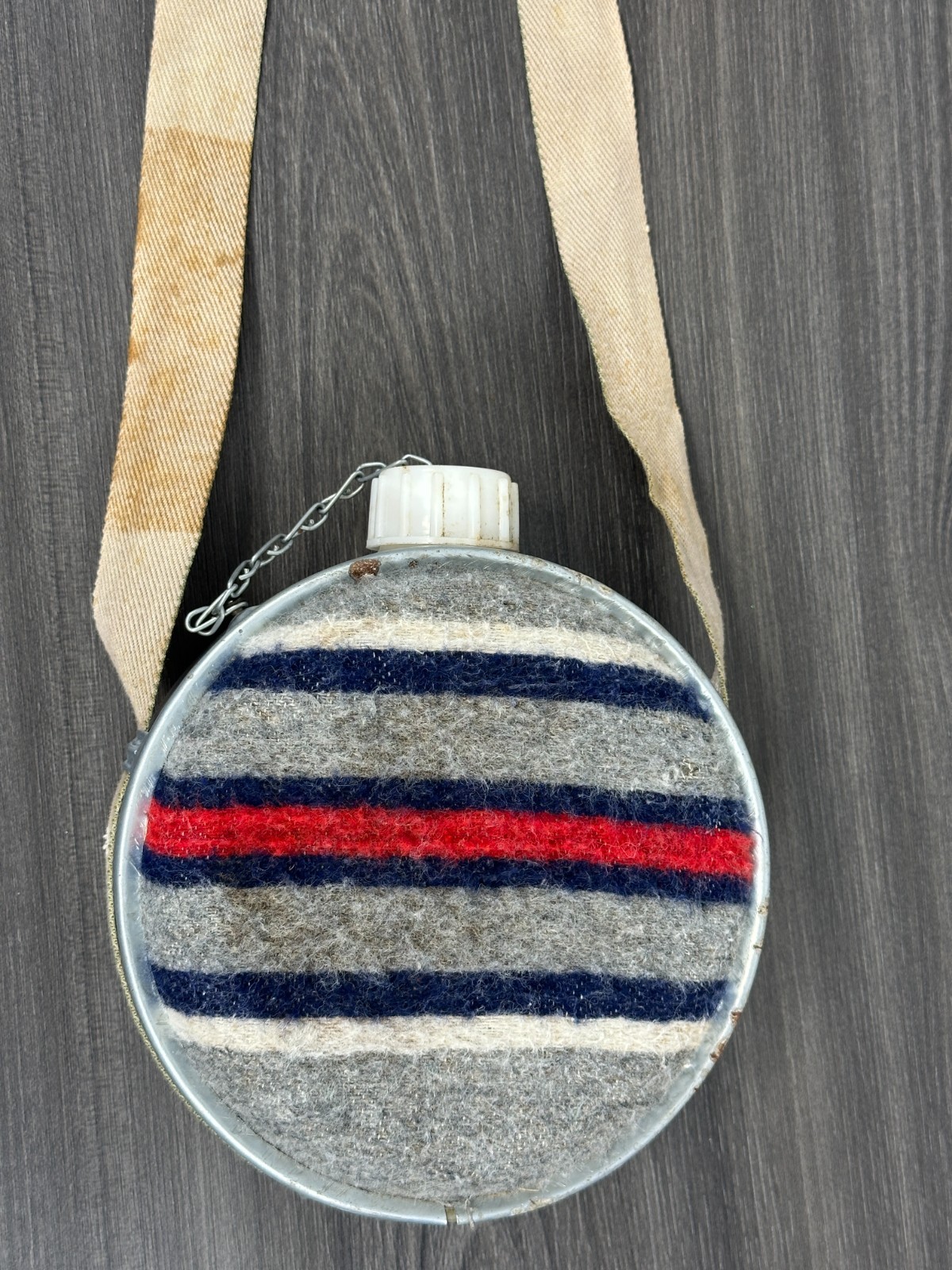 Vintage Galvanized Canteen Metal Wool Felt Covered with Strap