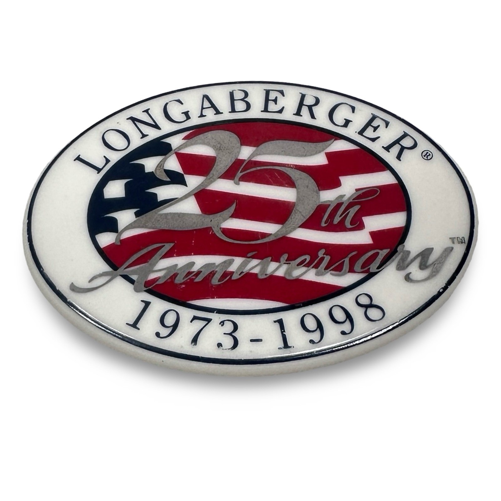 Longaberger 25th Anniversary Ceramic Basket Tie-On 1973-1998 American Flag Oval