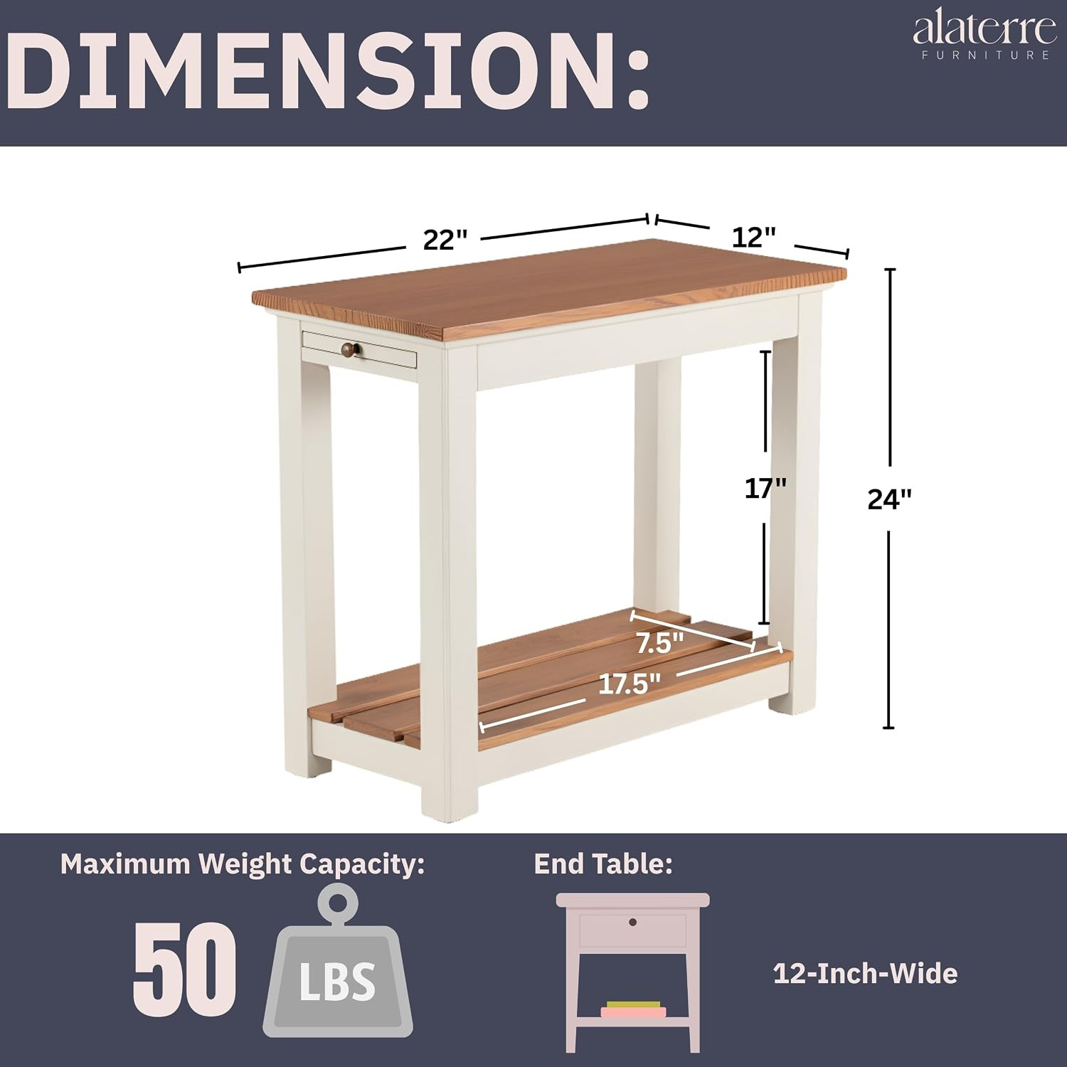 Savannah Narrow End Table – 12” W X 22” D Small Side Table with Pull-Out Tray an