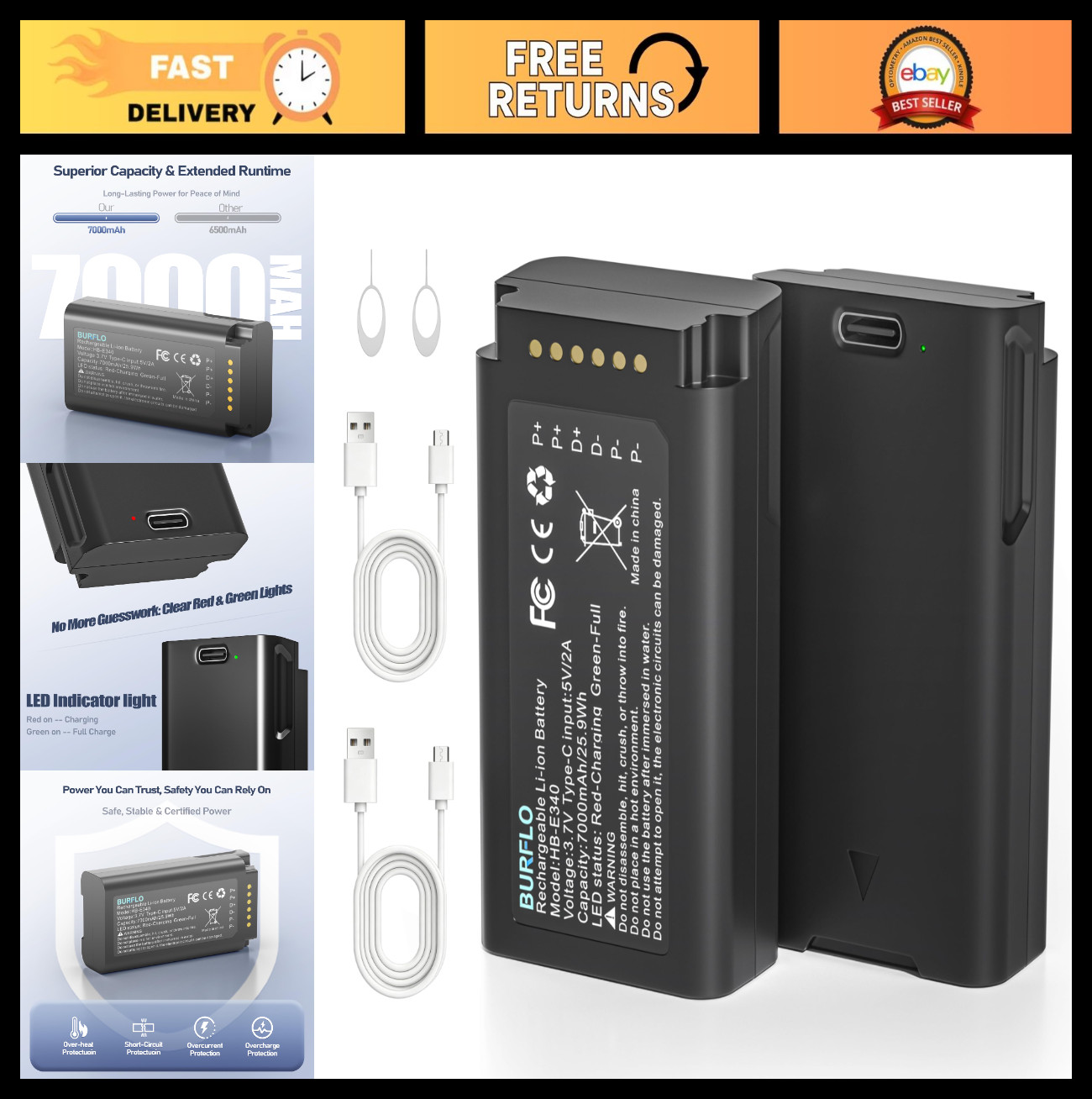 High Capacity 7000mAh Battery for Eufy Doorbell - Type-C Fast Charging (2PCS)