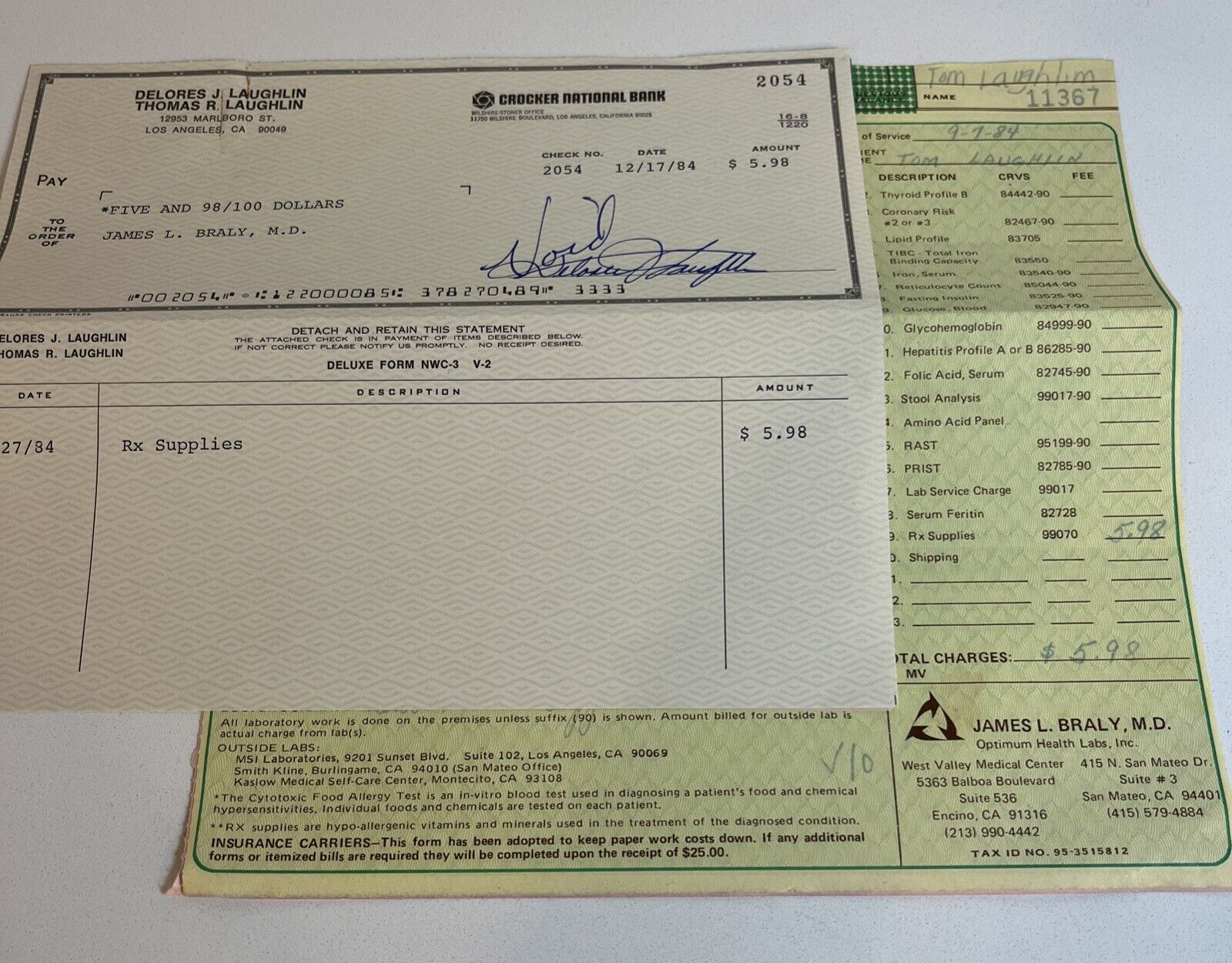 Tom Laughlin (Billy Jack) Delores Taylor Personal Check Voided- Medical Receipt