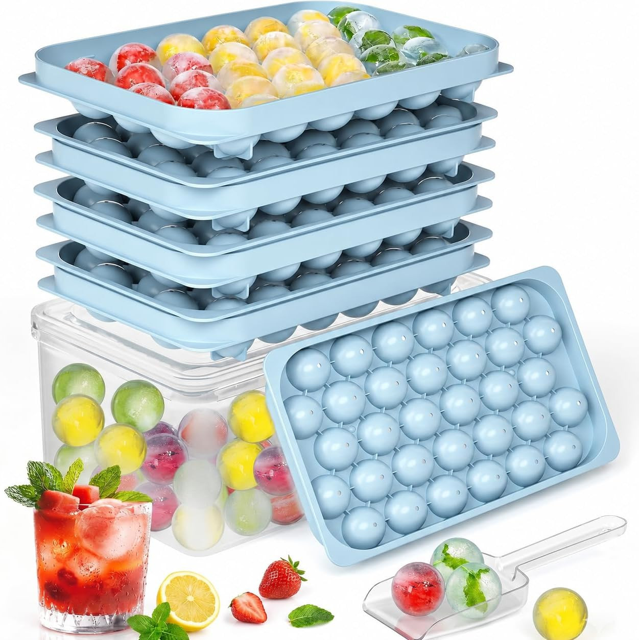 Ice Cube Trays with Lid and Bin, Bpa-Free Mini 0.8 Inch Sphere Ice Molds, 3-Pack