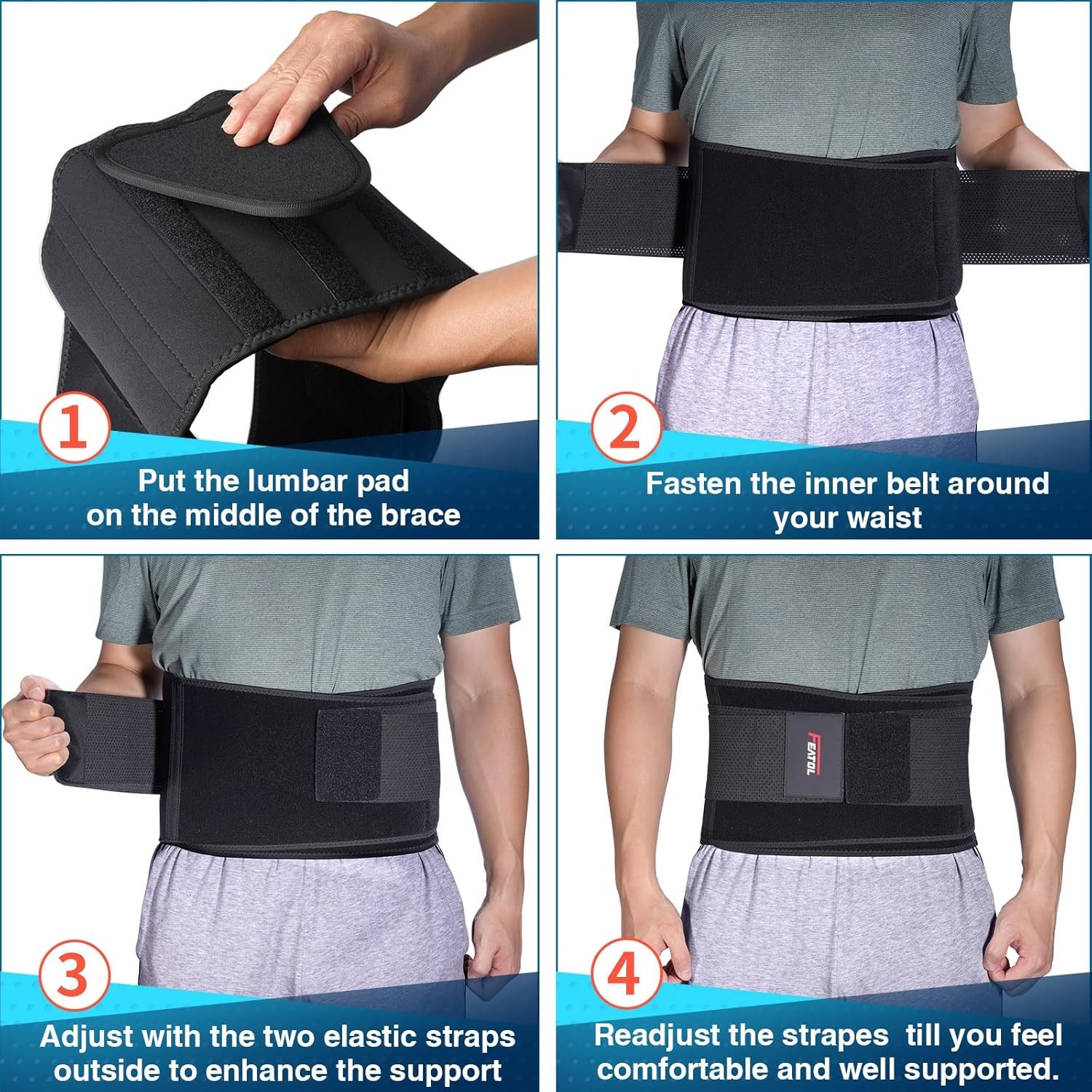 FEATOL Back Brace Support Belt-Lumbar Support Back Brace for Back Pain, Sciatica