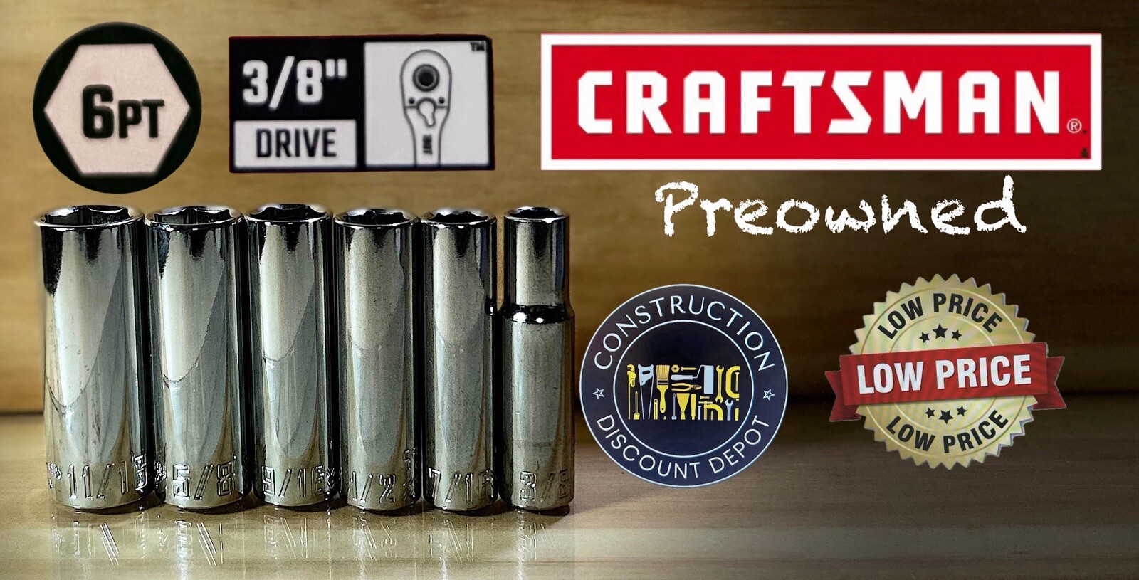 Preowned Craftsman  6 PC 3/8" Drive 6 Point SAE Socket Deep Set