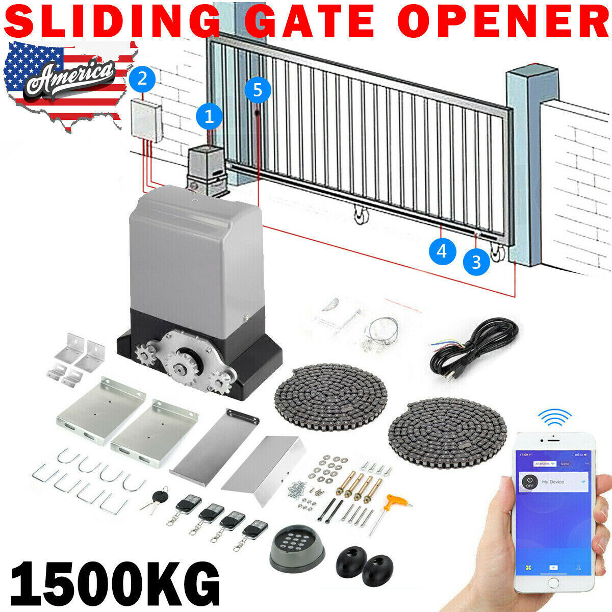 3300LB Automatic Sliding Gate Opener with APP Remote 4 Control & Keypad & Chain