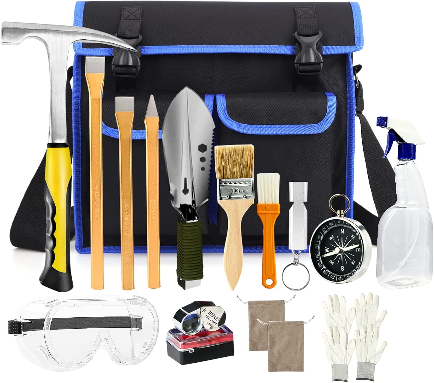 17PCS Geology Rock Pick Hammer Kit, 32oz & 3 PCS Digging Chisels Gold