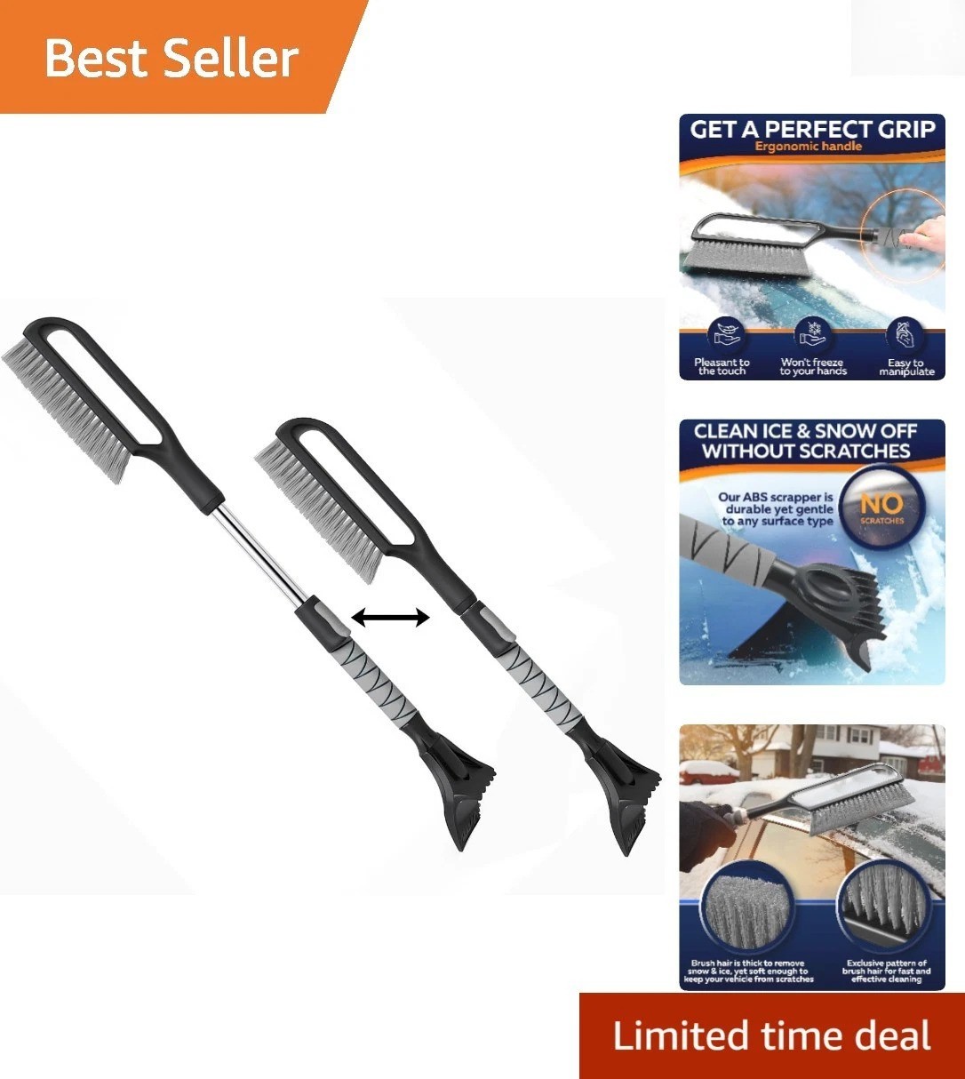 Ergonomic 34.5" Snow and Ice Remover with Scratch-Free Design - Easy Storage