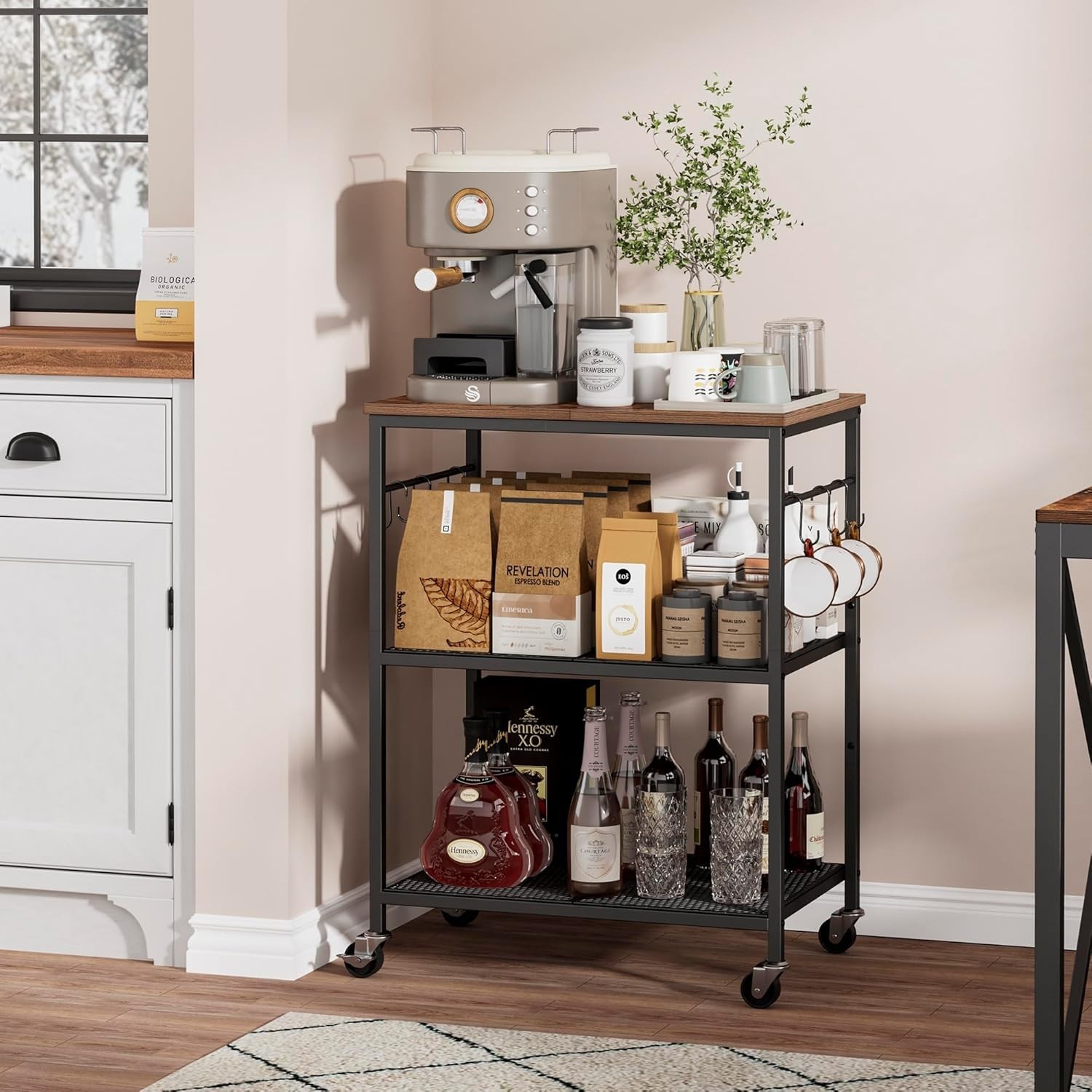 3-Tier Rolling Kitchen Microwave Cart Kitchen Utility Cart on Lockable Wheels