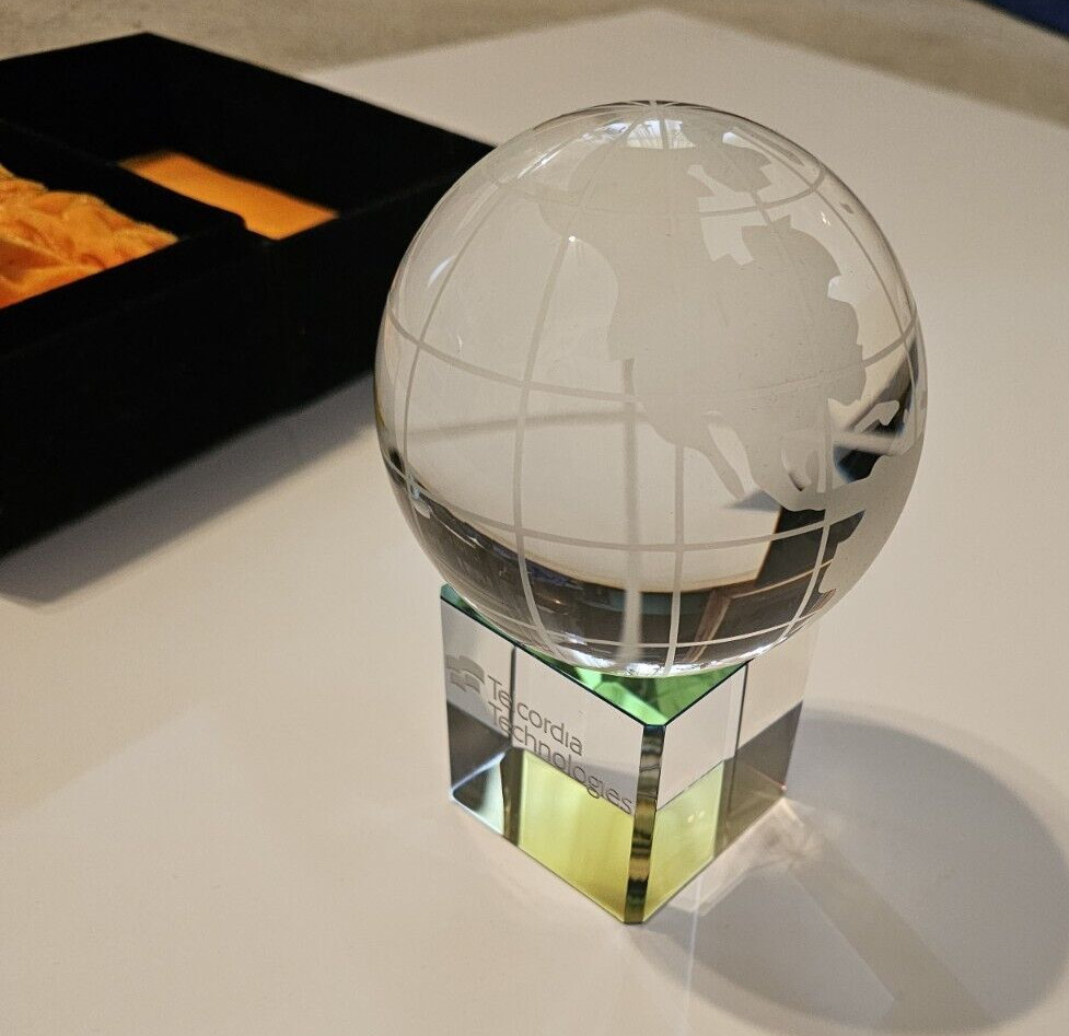 Clear Crystal World Globe Etched 4" Sphere  w/Crystal Base - Telcordia
