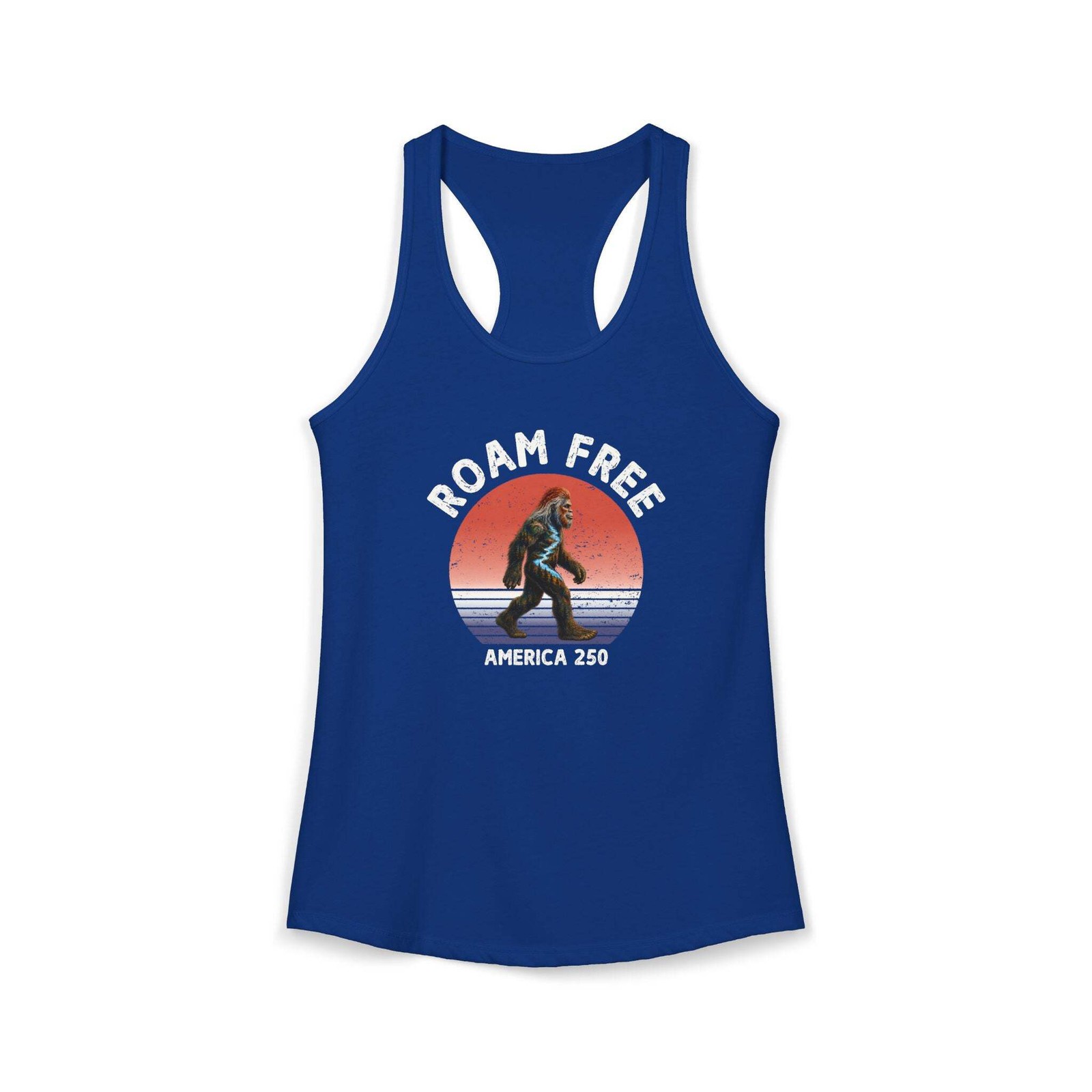 Bigfoot Roam Free America 250 Women's Blue Ideal Racerback Tank – Patriotic Bigf