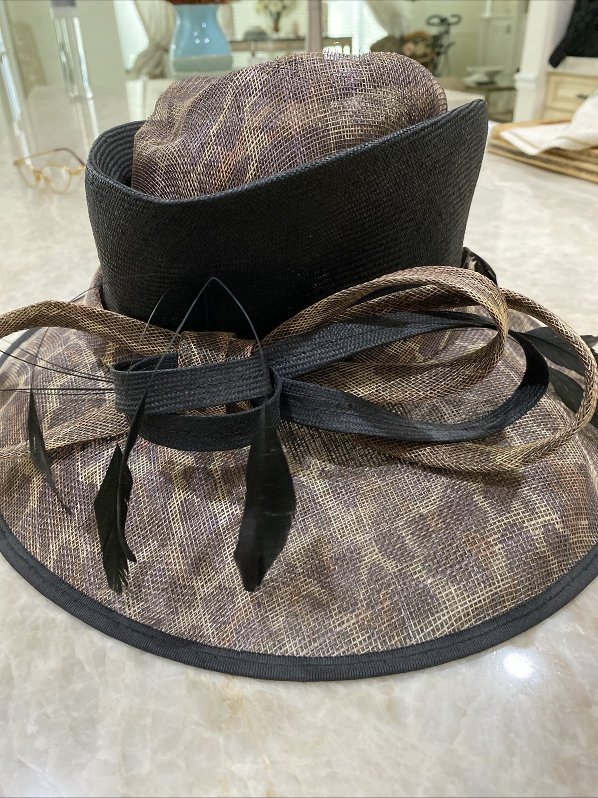 Uewellyn& Mitchell BROWN STRAW Hat Animal Print WIDE BRIM SPECIAL OCCASION
