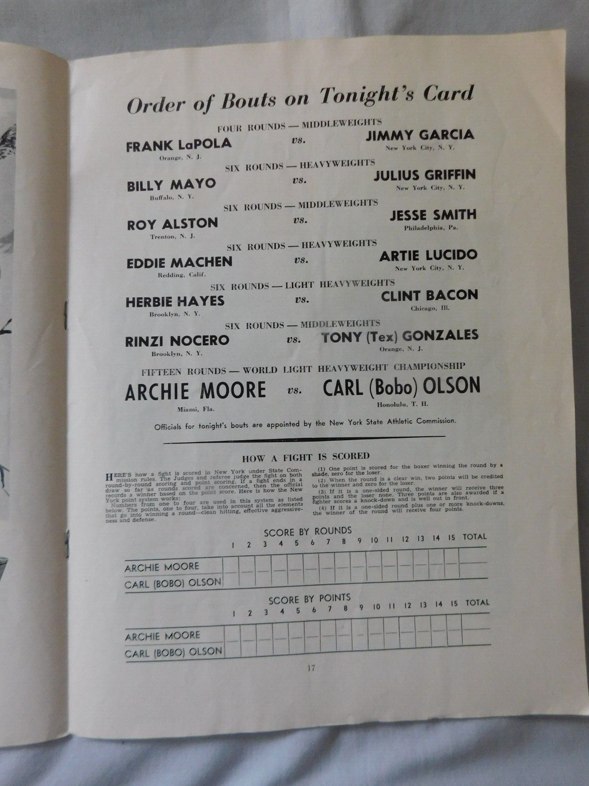 June 22 1955 Archie Moore Vs Carl 'Bobo' Olson on-site Program - VG