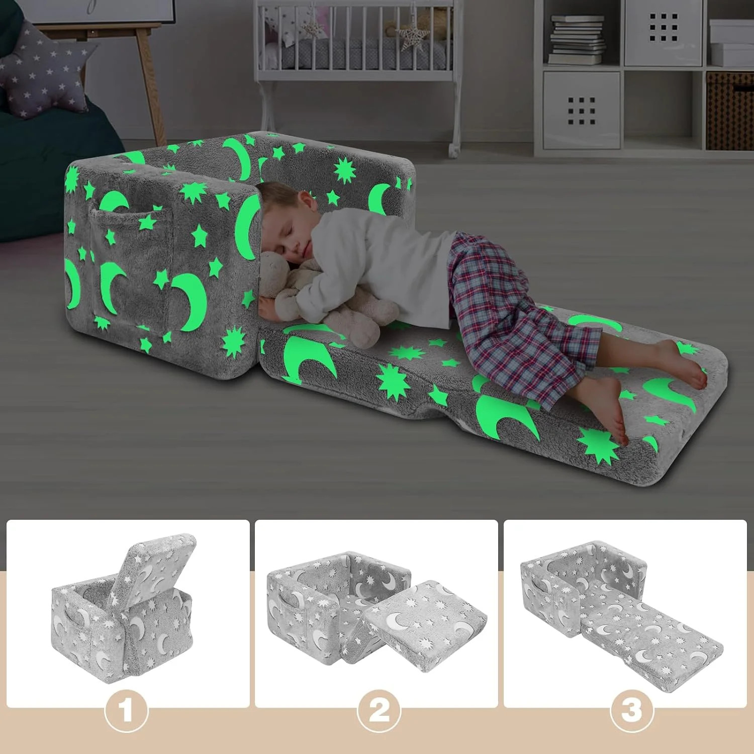 2-in-1 Toddler Couch and Chair, Glow in the Dark Kids Sofa - Gray Sky