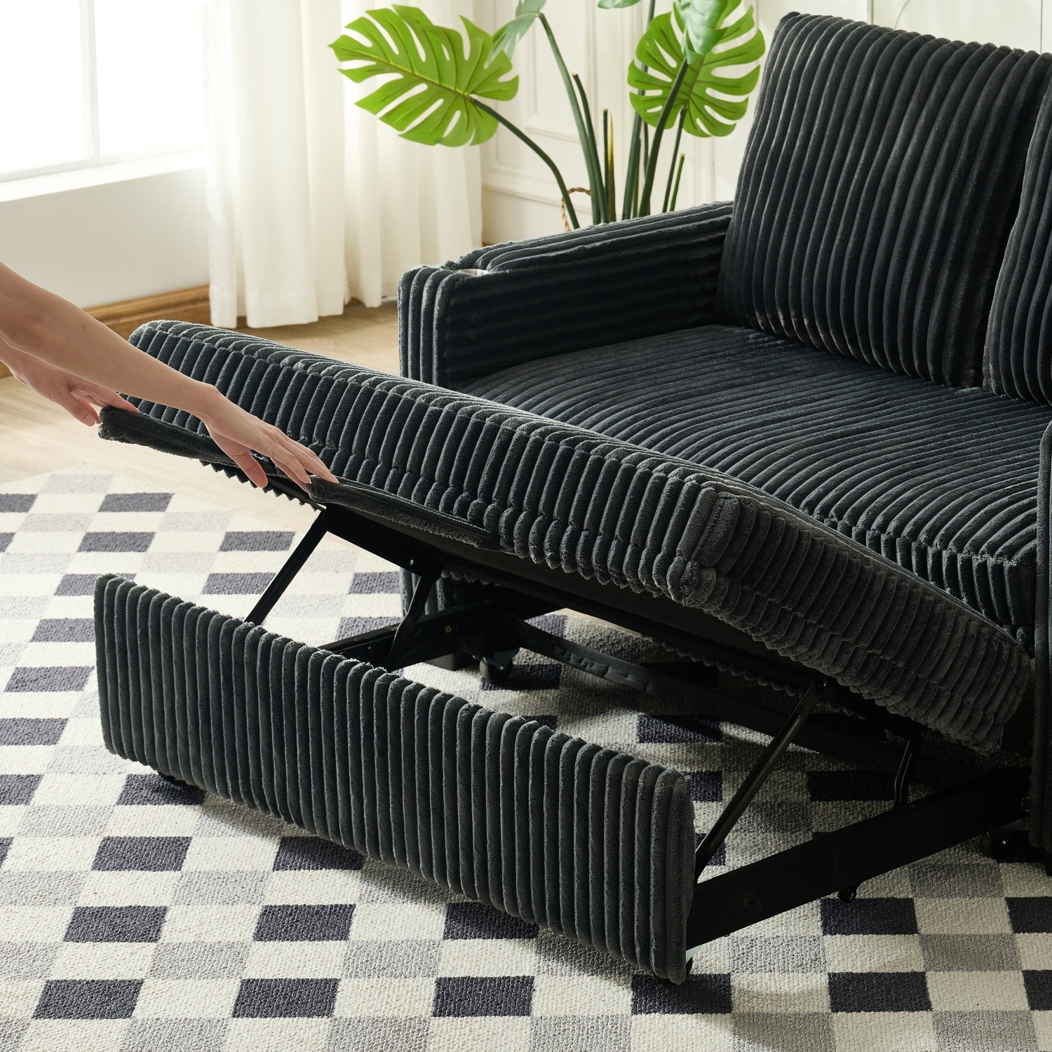 Convertible Sleeper Sofa Bed Corduroy Loveseat Sofa with Pull Out Bed & USB Port
