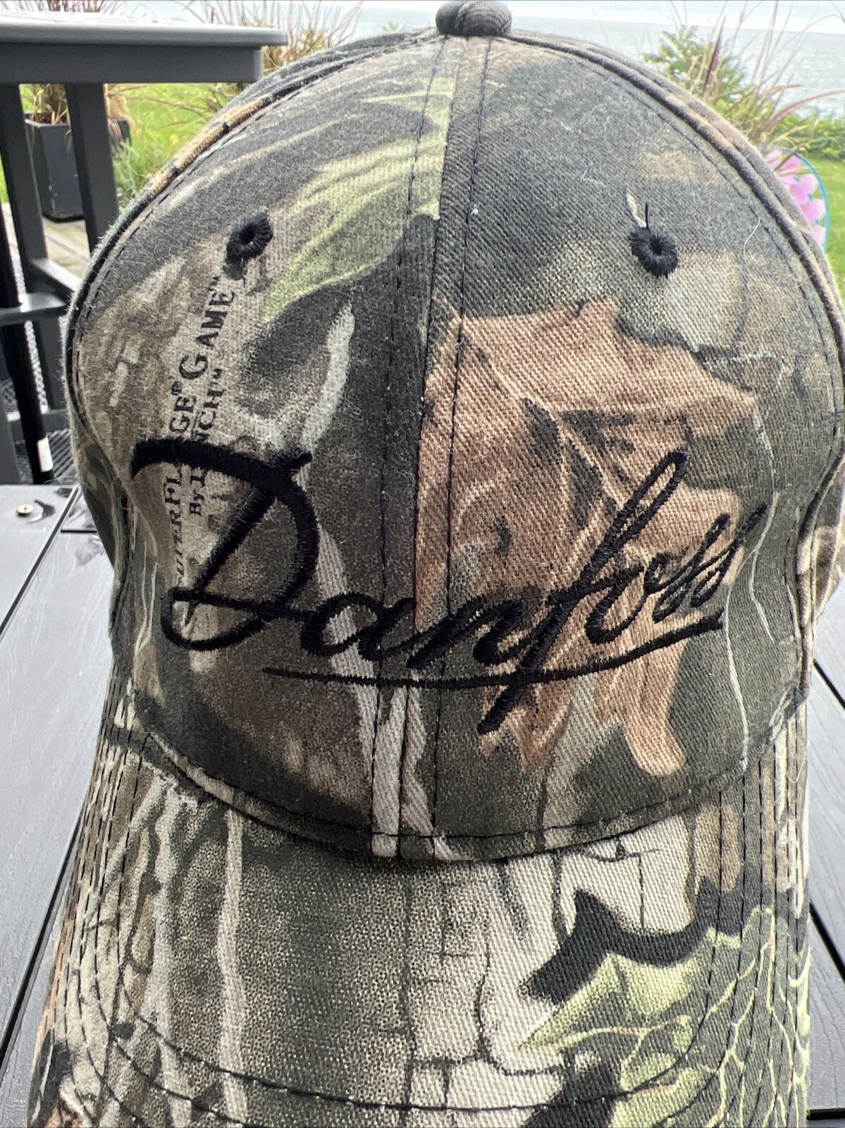 Danfloss Black Script on Camouflage Hat Cap Greens Brown Strap Buckle EUC