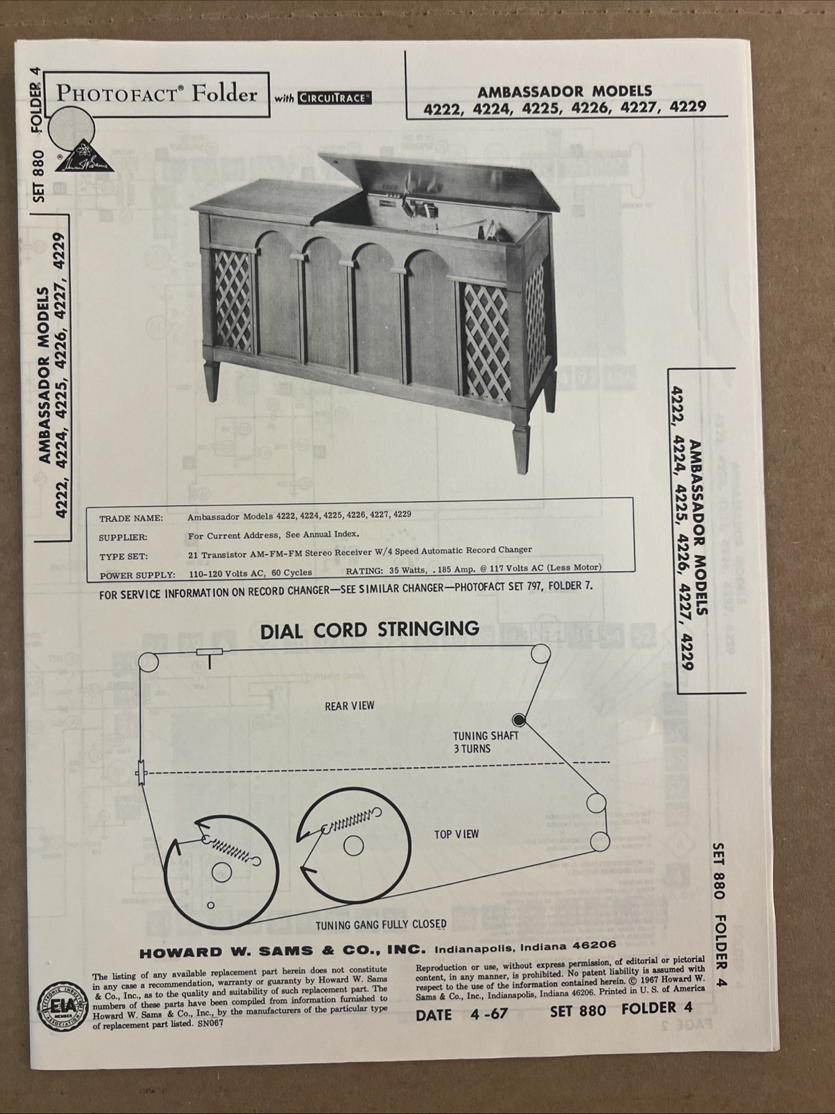 Vintage Sams Photofact Schematic 4-1967 AMBASSADOR MODELS 4222, 4224, 4225, 4226