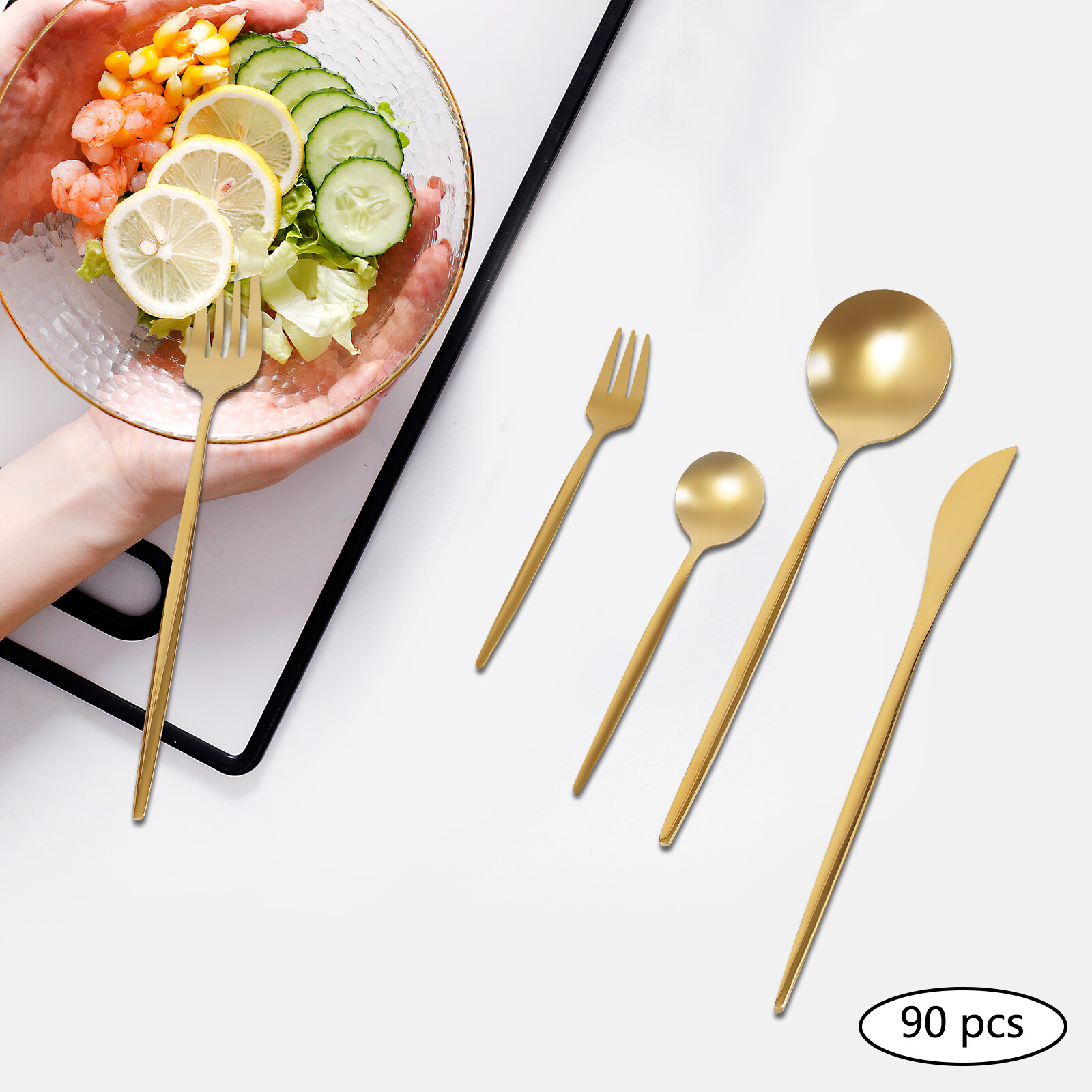 90 Pieces Gold Silverware Set Modern Stainless Steel Flatware Set Service For 18
