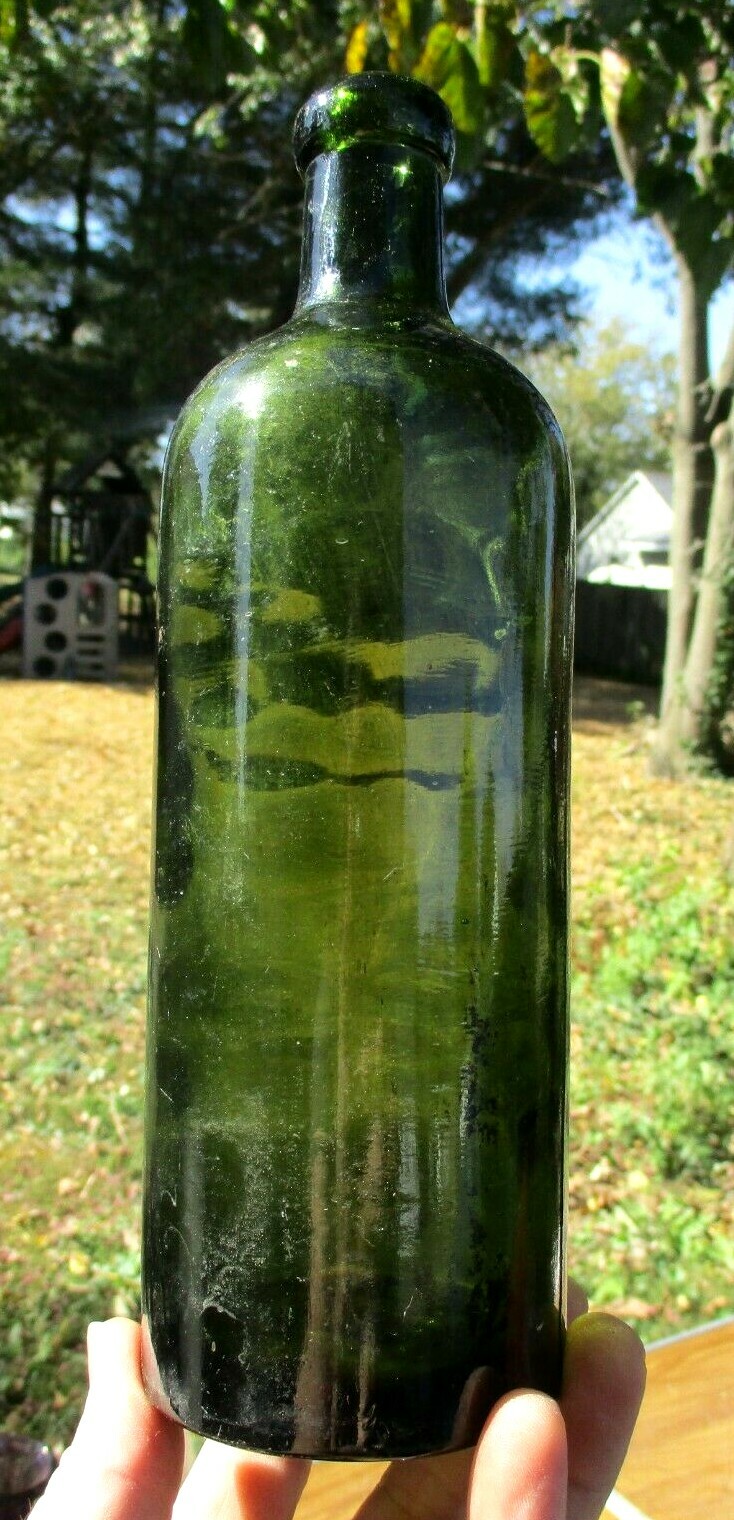 NICE OLIVE GREEN COLORED SAXLEHNER'S BITTERQUELLE BOTTLE 1910 ERA WHITTLED L@@K